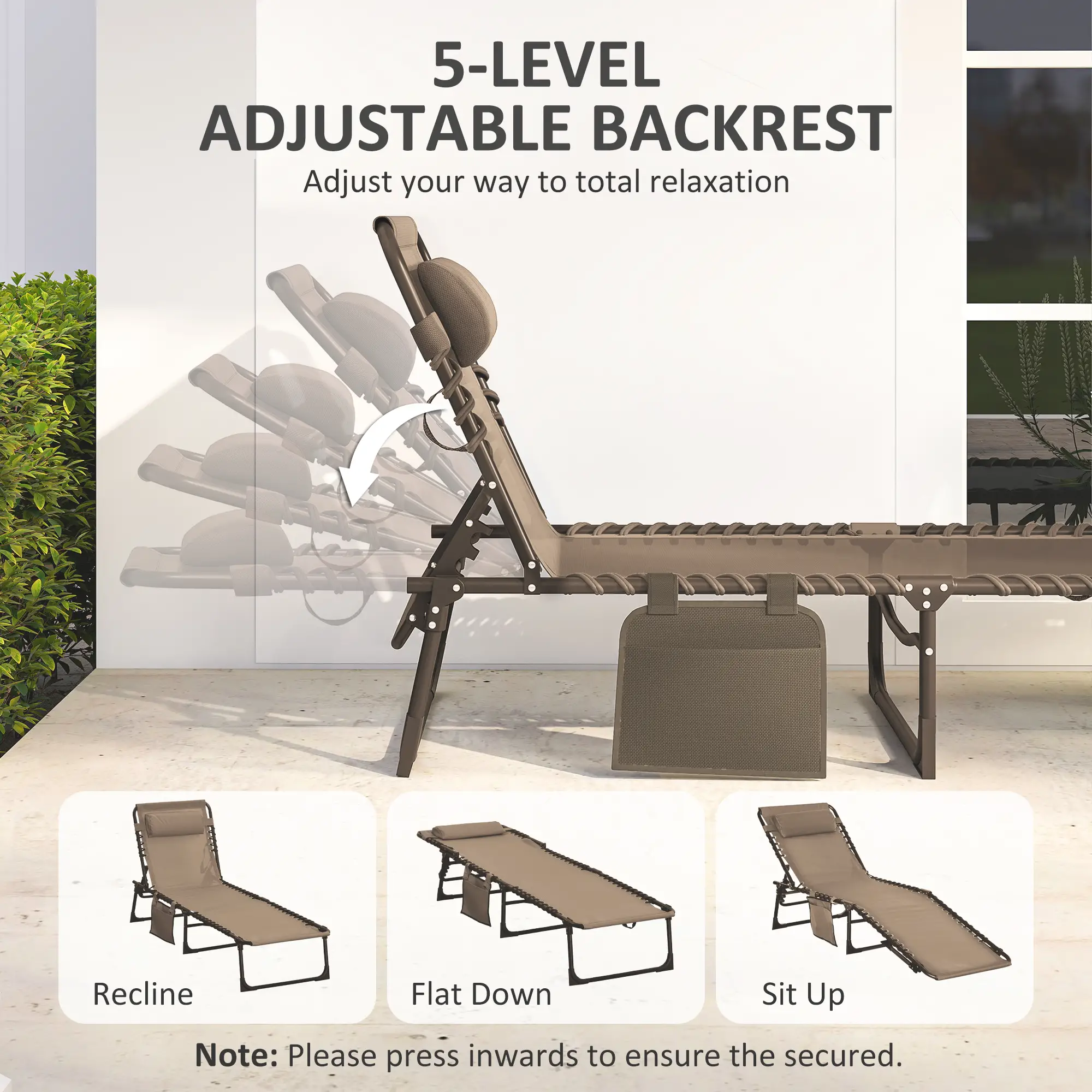 Outdoor Folding Chaise Lounge, Adjustable Backrest, Removable Pillow, Brown - Image 4