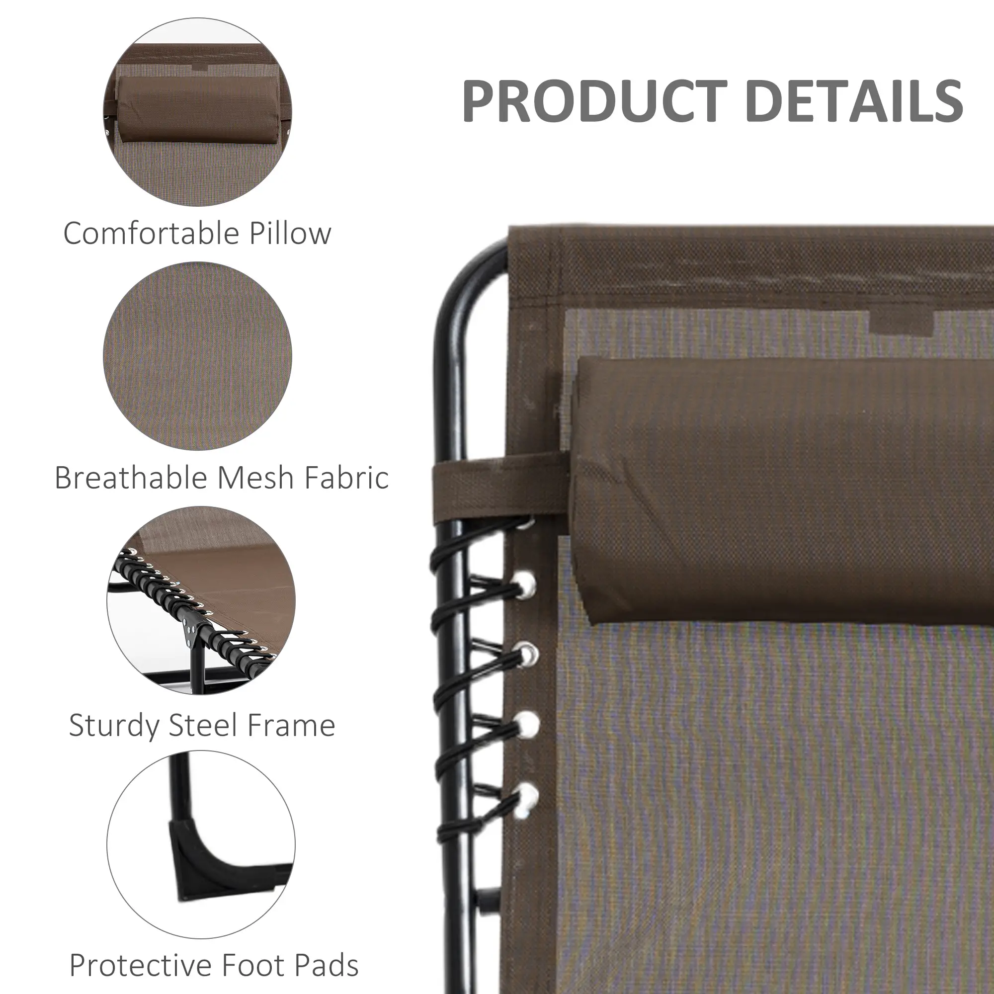 Outdoor Folding Chaise Lounge, Adjustable Backrest, Removable Pillow, Brown - Image 5