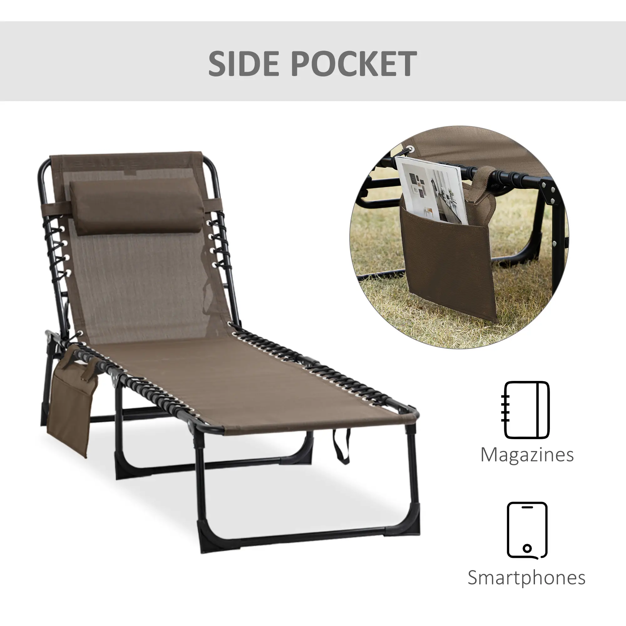 Outdoor Folding Chaise Lounge, Adjustable Backrest, Removable Pillow, Brown - Image 7