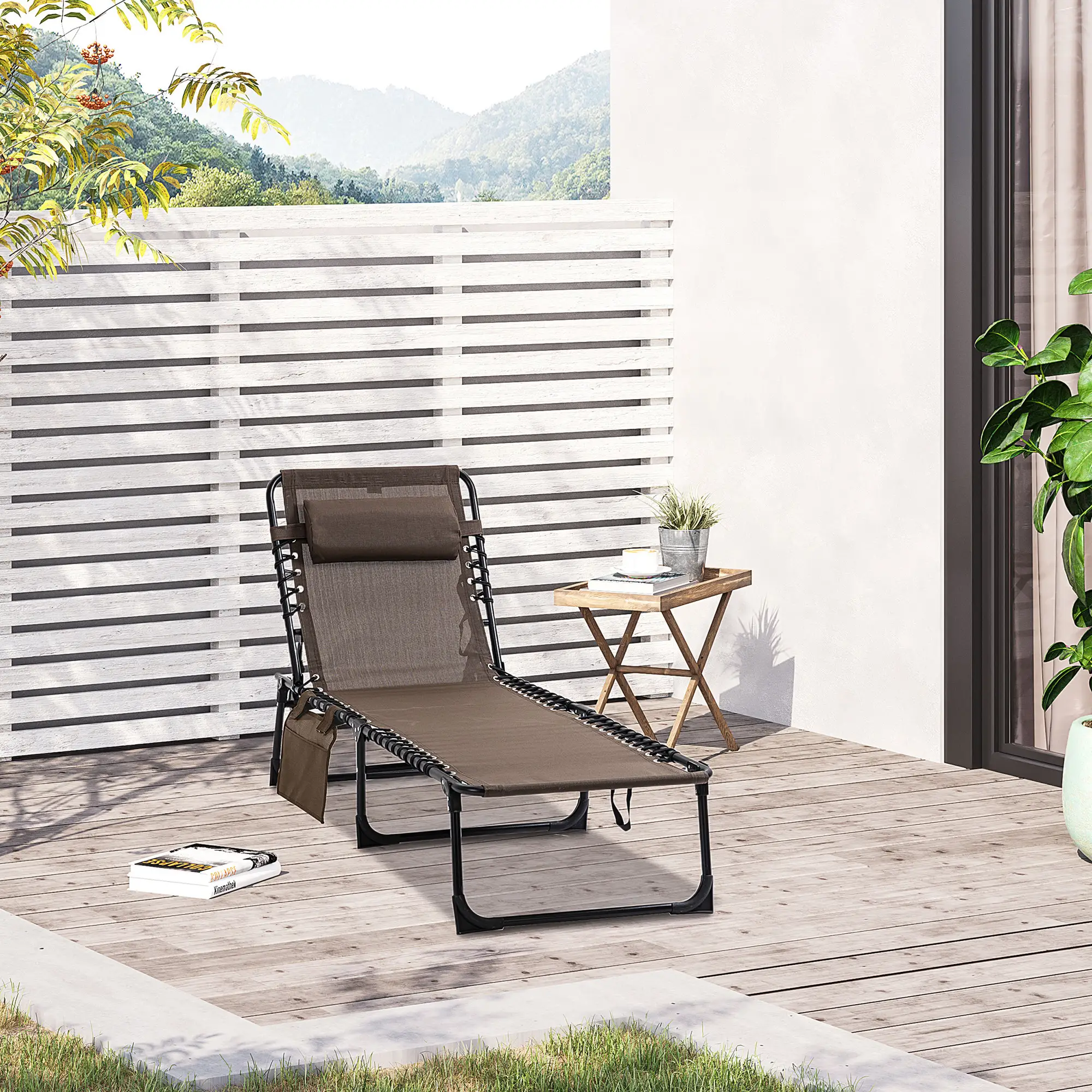 Outdoor Folding Chaise Lounge, Adjustable Backrest, Removable Pillow, Brown - Image 8