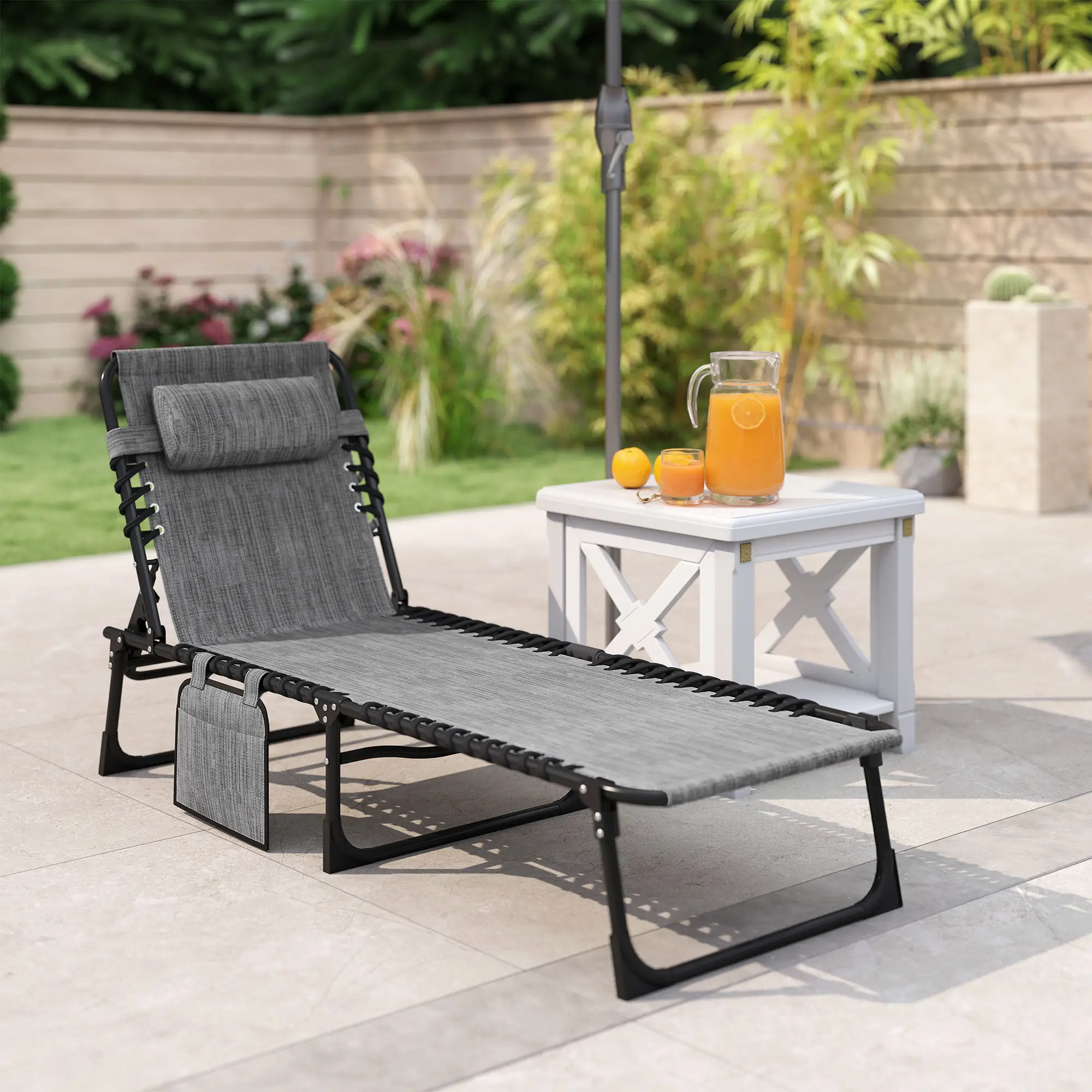 Outdoor Folding Chaise Lounge, Adjustable Backrest, Removable Pillow, Mixed Grey, Grey - Image 10