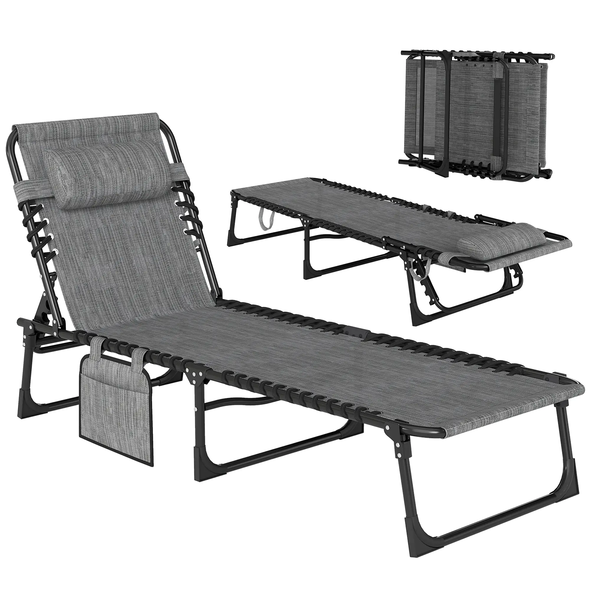 Outdoor Folding Chaise Lounge, Adjustable Backrest, Removable Pillow, Mixed Grey, Grey - Image 11