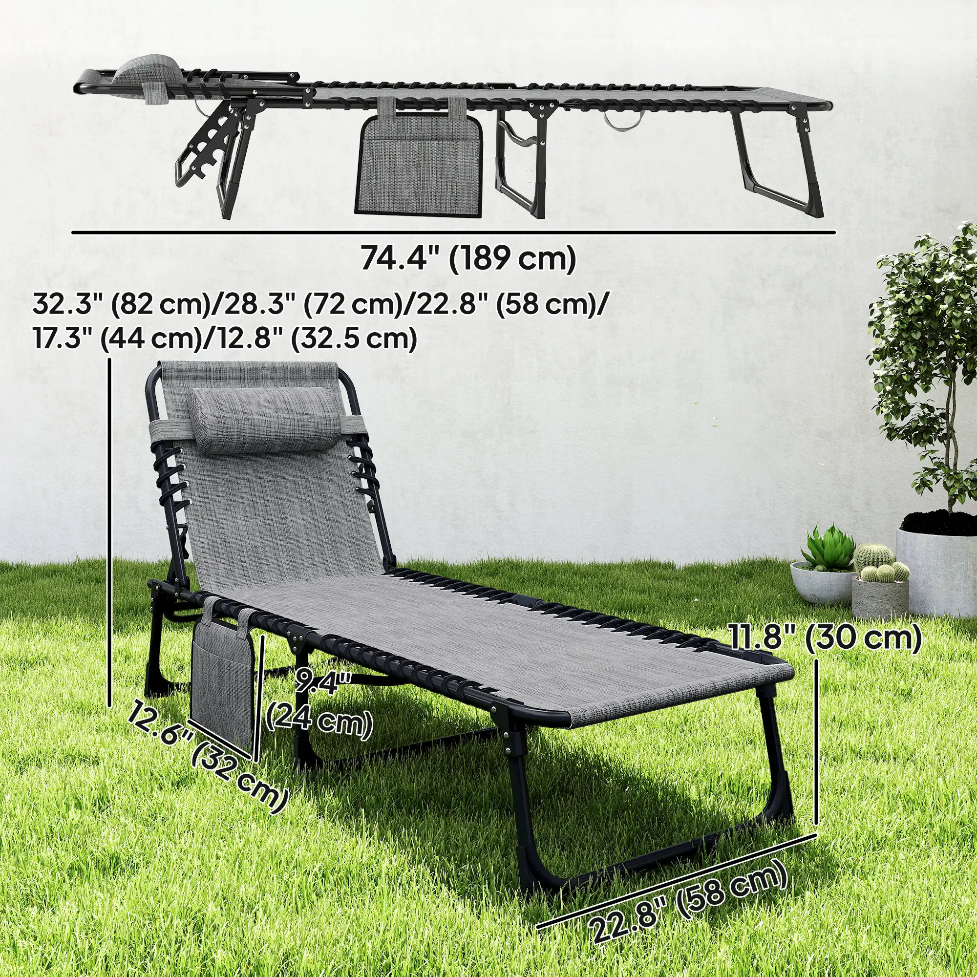 Outdoor Folding Chaise Lounge, Adjustable Backrest, Removable Pillow, Mixed Grey, Grey - Image 3