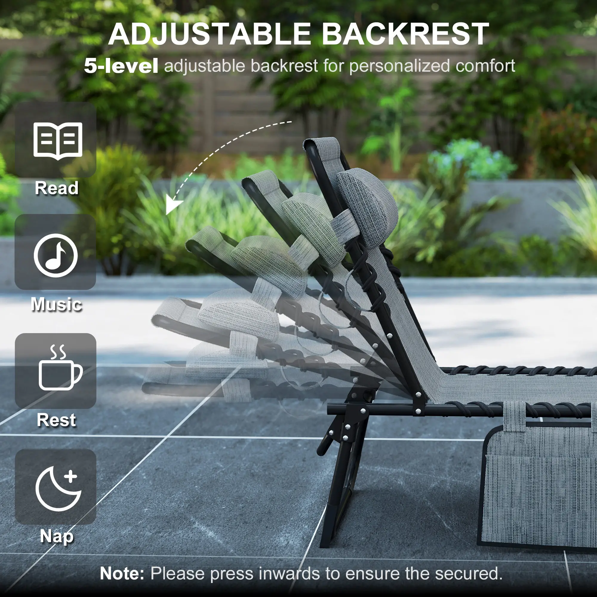 Outdoor Folding Chaise Lounge, Adjustable Backrest, Removable Pillow, Mixed Grey, Grey - Image 4