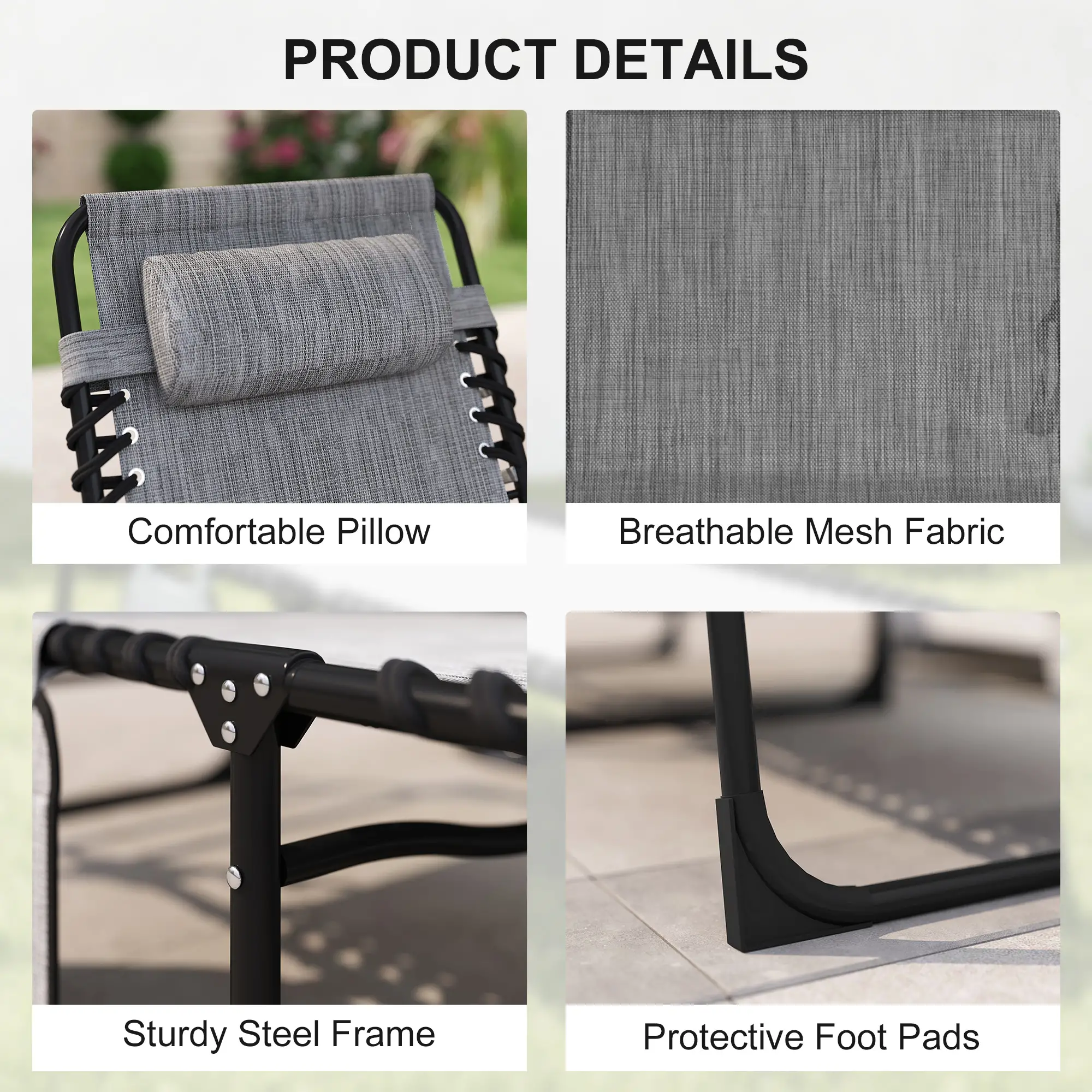 Outdoor Folding Chaise Lounge, Adjustable Backrest, Removable Pillow, Mixed Grey, Grey - Image 5