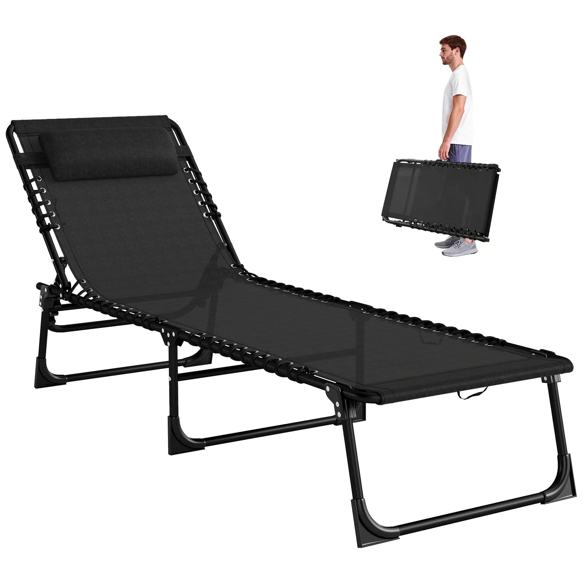Outdoor Folding Lounge Chair, 4-Level Adjustable, Black