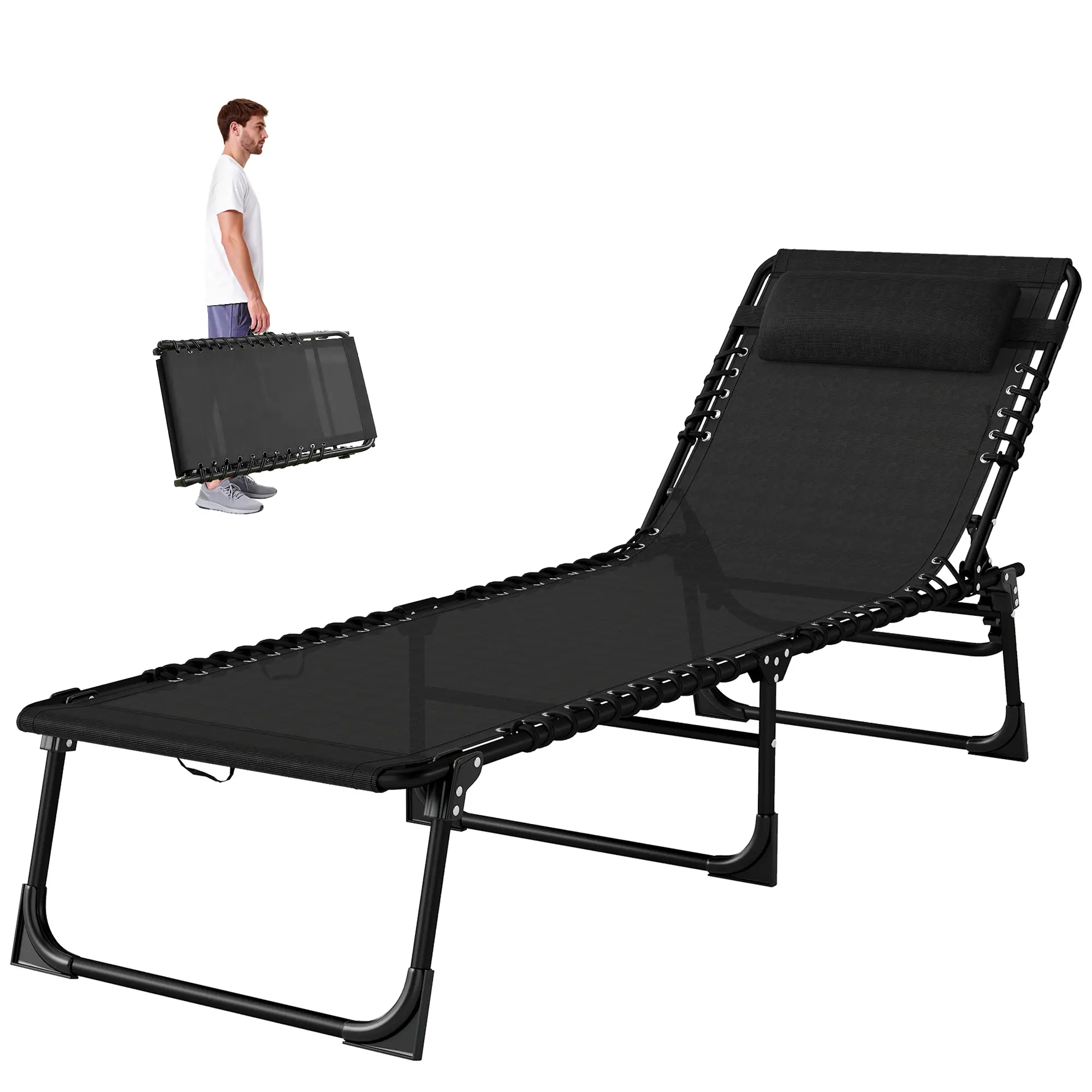 Outdoor Folding Lounge Chair, 4-Level Adjustable, Black - Image 11