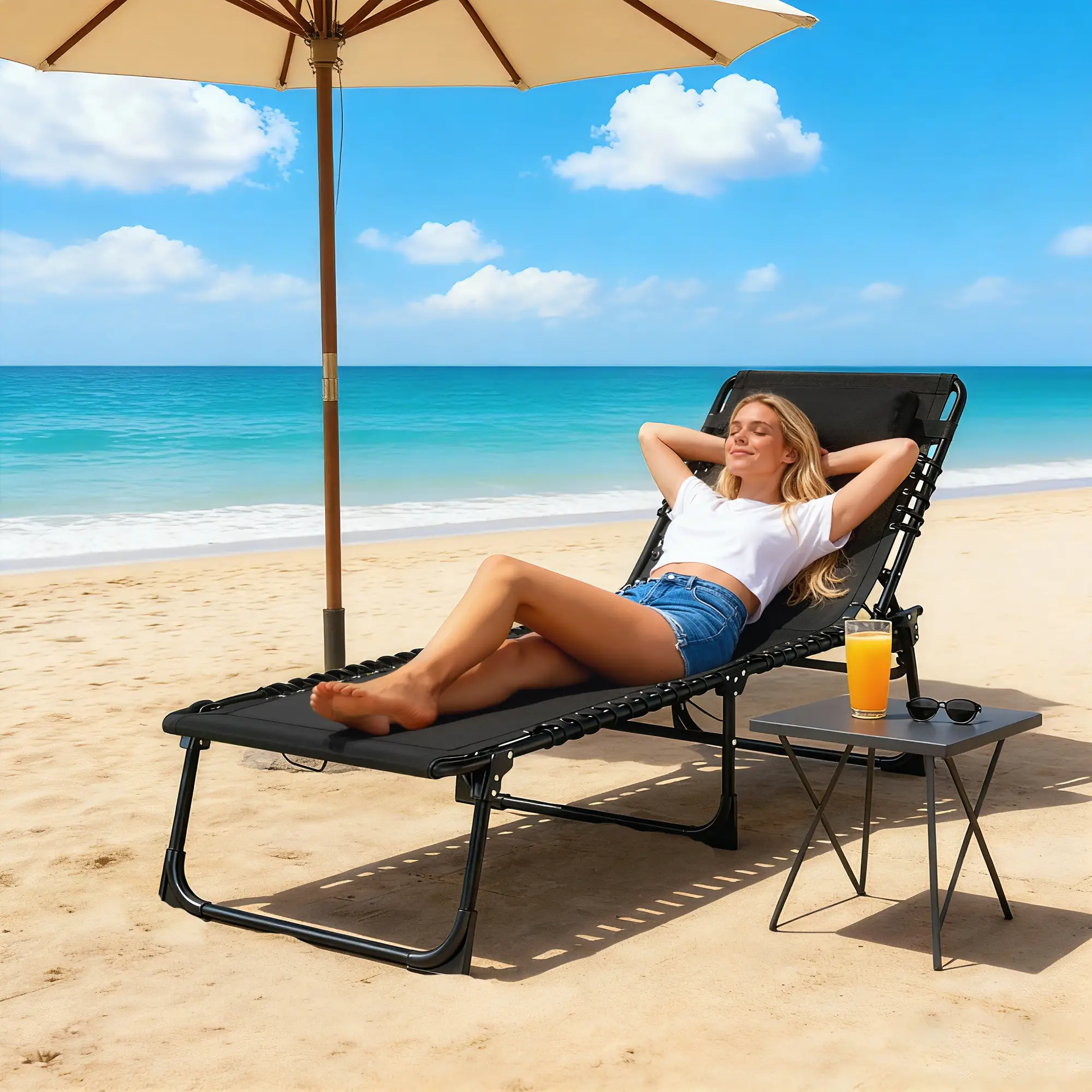 Outdoor Folding Lounge Chair, 4-Level Adjustable, Black - Image 2