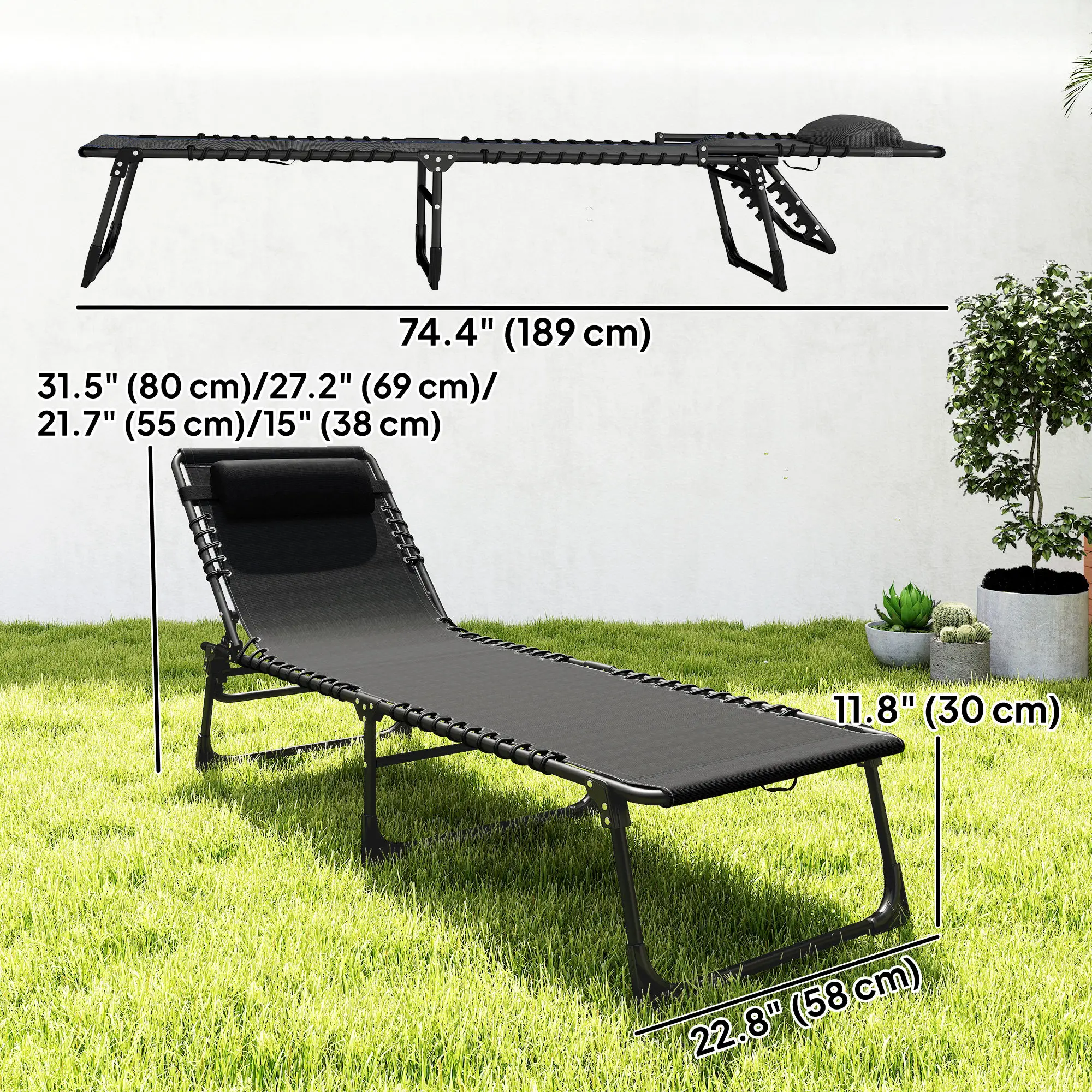 Outdoor Folding Lounge Chair, 4-Level Adjustable, Black - Image 3