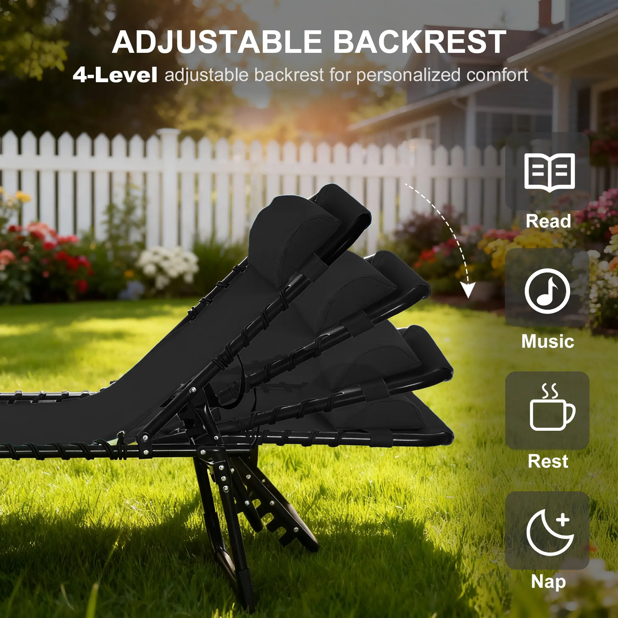 Outdoor Folding Lounge Chair, 4-Level Adjustable, Black - Image 4