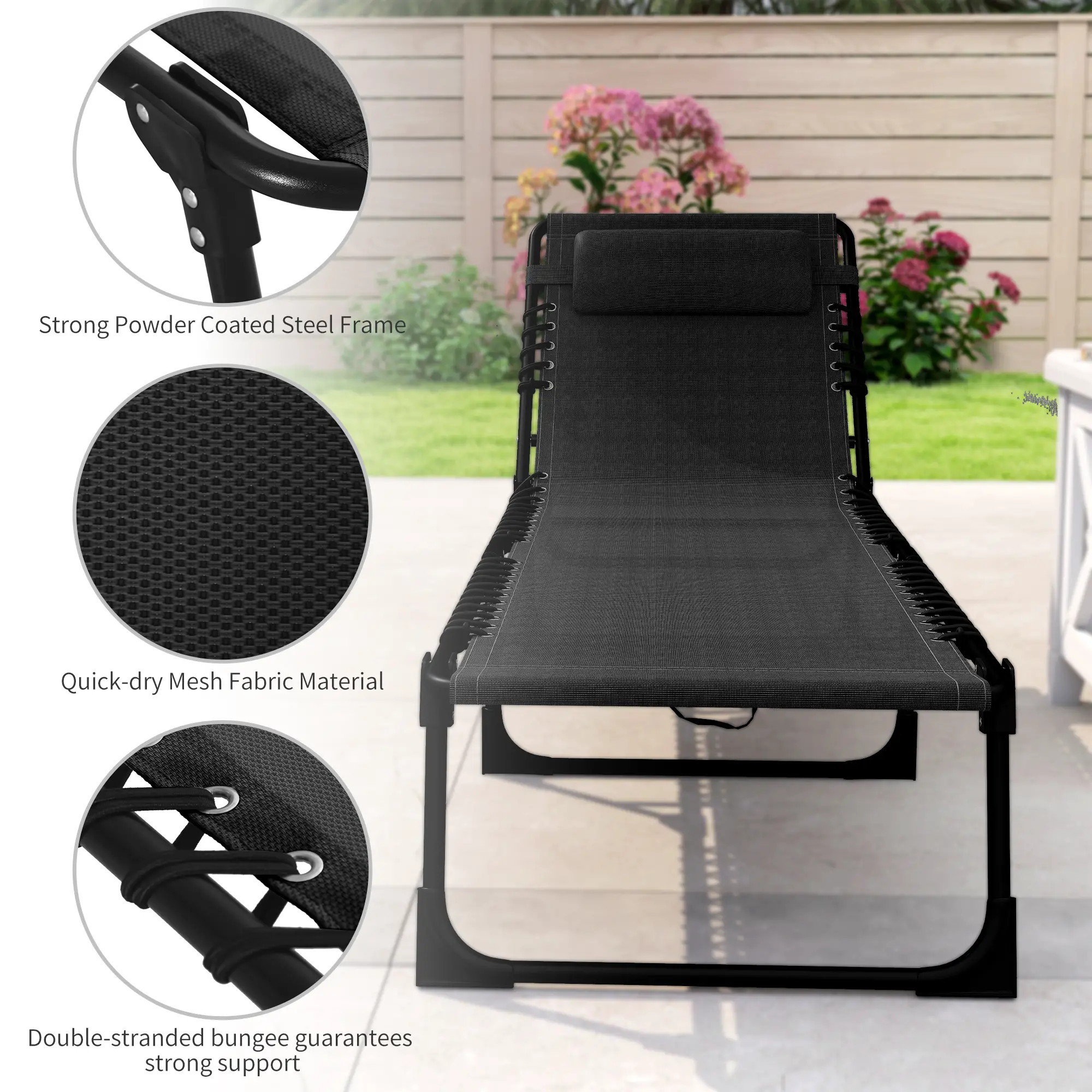 Outdoor Folding Lounge Chair, 4-Level Adjustable, Black - Image 5