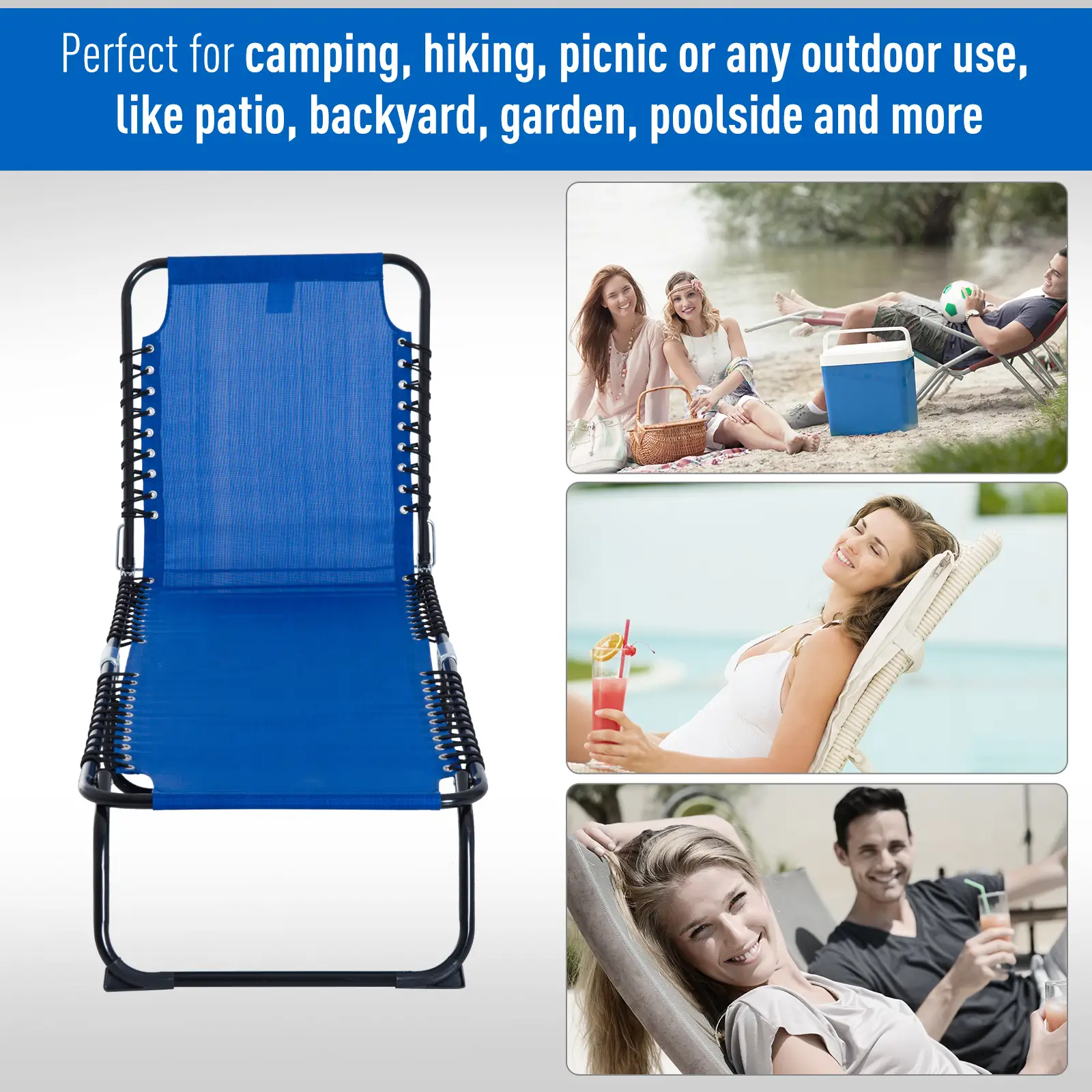 Outdoor Folding Lounge Chair, 4-Level Adjustable, Navy Blue - Image 7