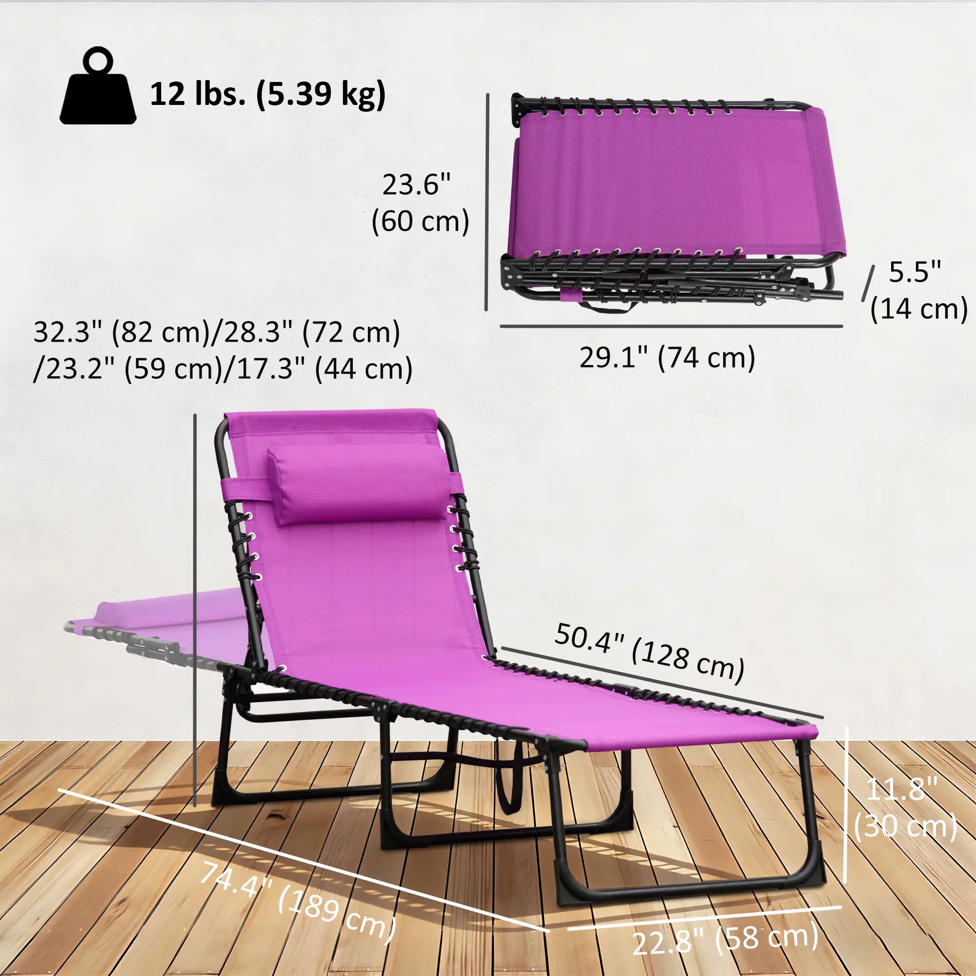 Outdoor Folding Lounge Chair, 4-Level Adjustable, Purple - Image 3