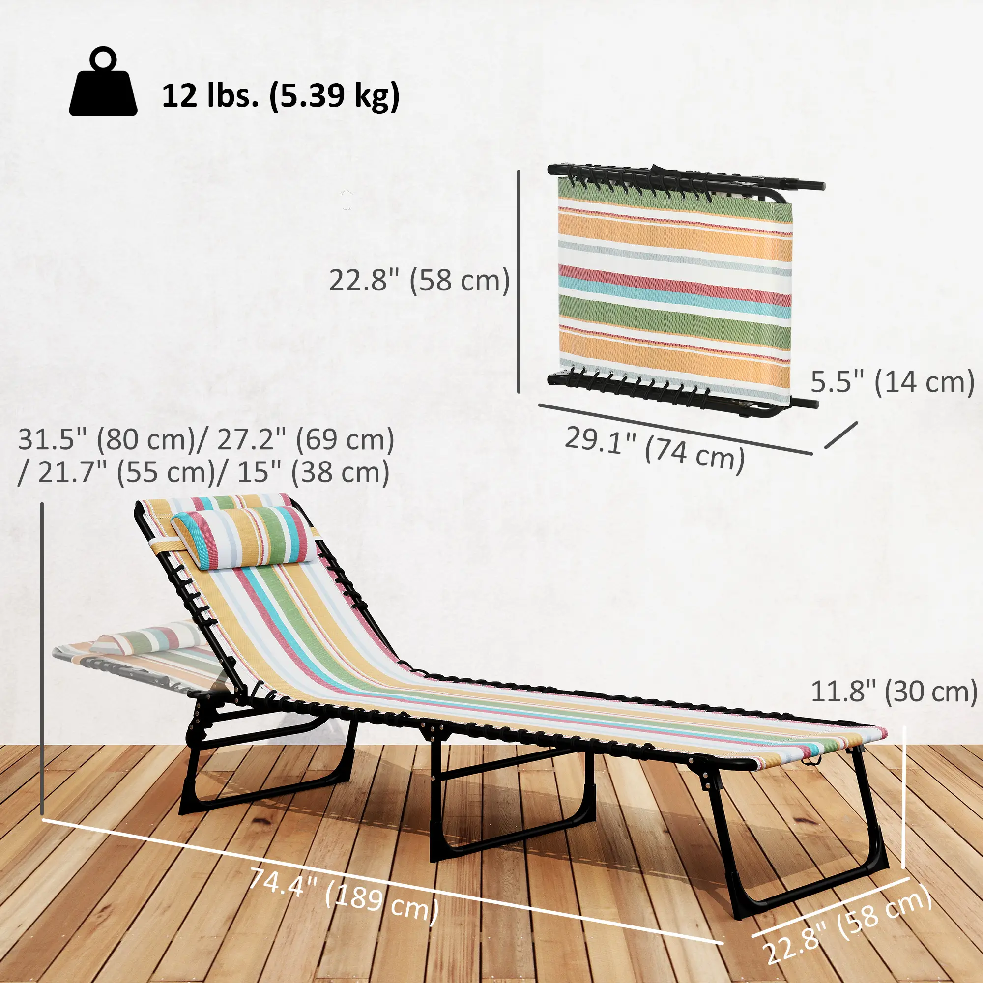 Outdoor Folding Lounge Chair, 4-Level Adjustable, Tanning Chair, Multicoloured - Image 3