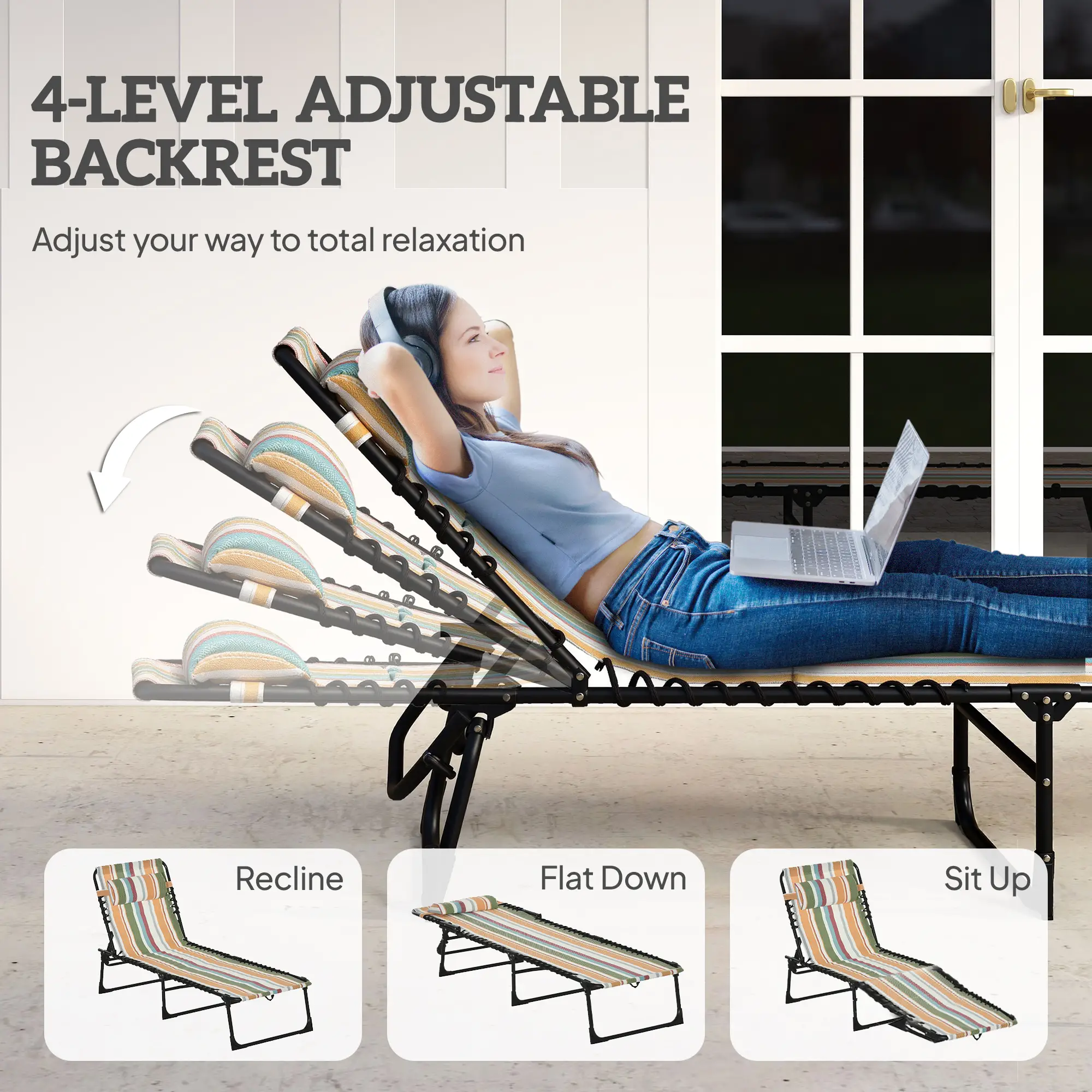 Outdoor Folding Lounge Chair, 4-Level Adjustable, Tanning Chair, Multicoloured - Image 4