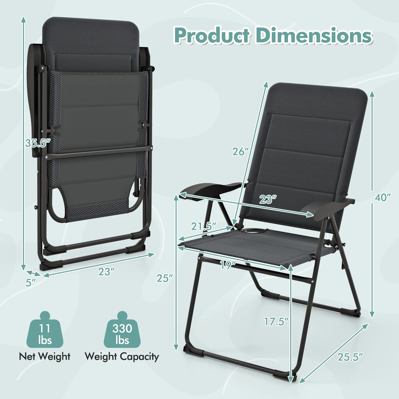 Outdoor Folding Patio Chairs, Adjustable Backrests, Gray - Image 5