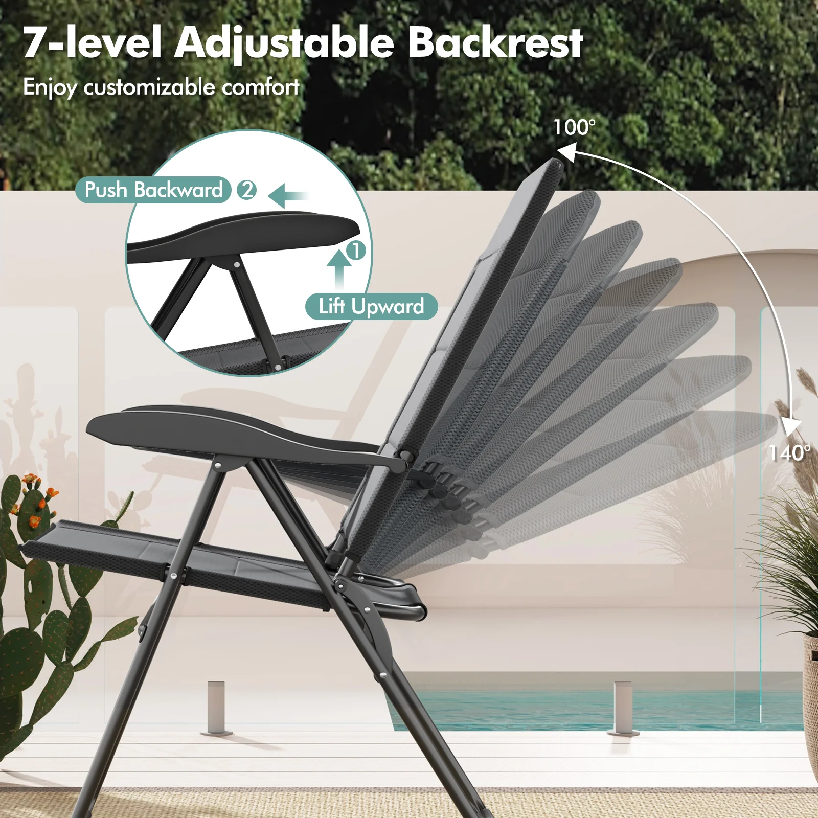 Outdoor Folding Patio Chairs, Adjustable Backrests, Gray - Image 6