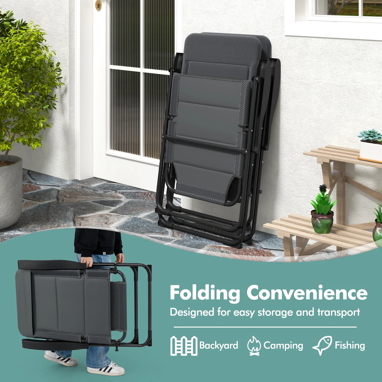 Outdoor Folding Patio Chairs, Adjustable Backrests, Gray - Image 7