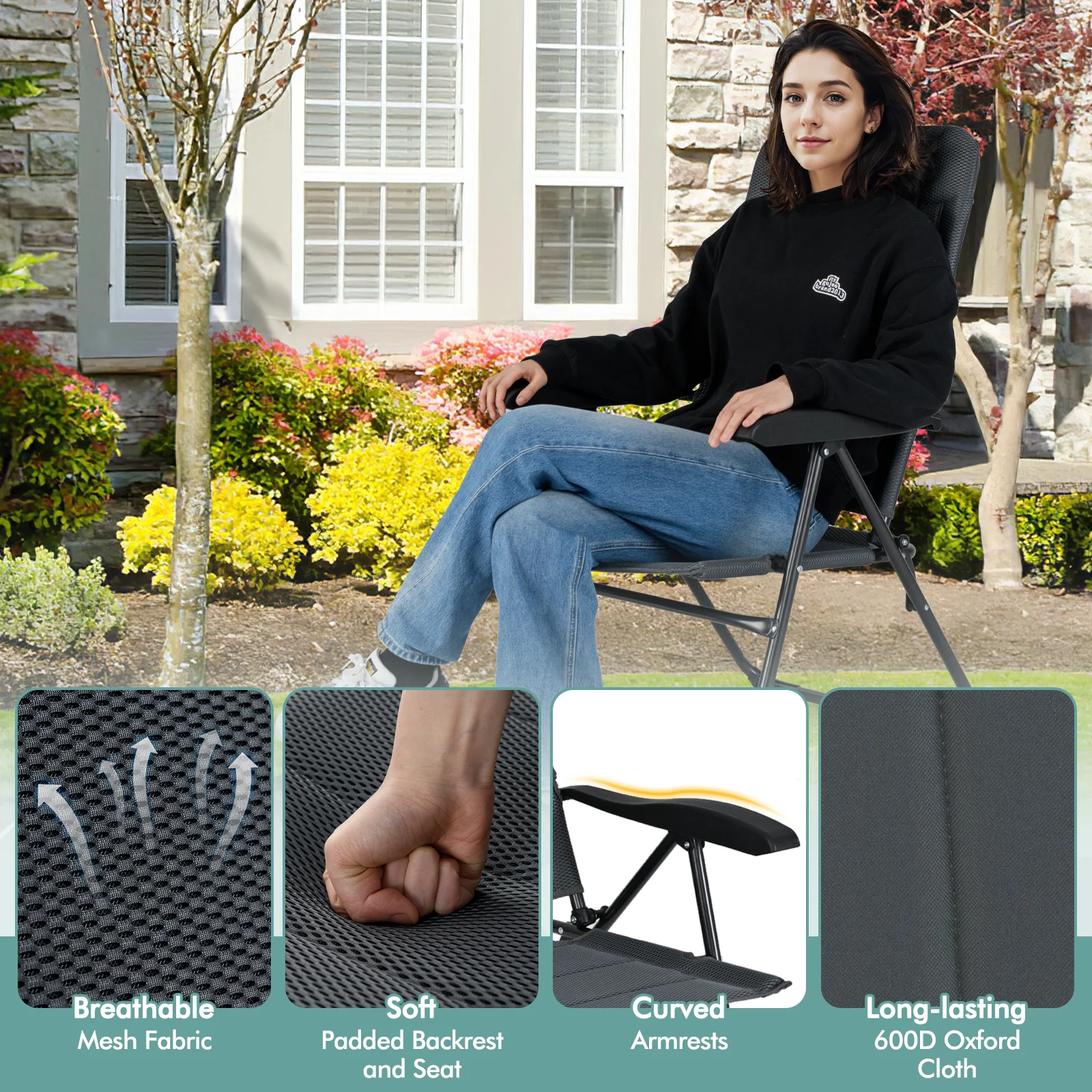 Outdoor Folding Patio Chairs, Adjustable Backrests, Gray - Image 8