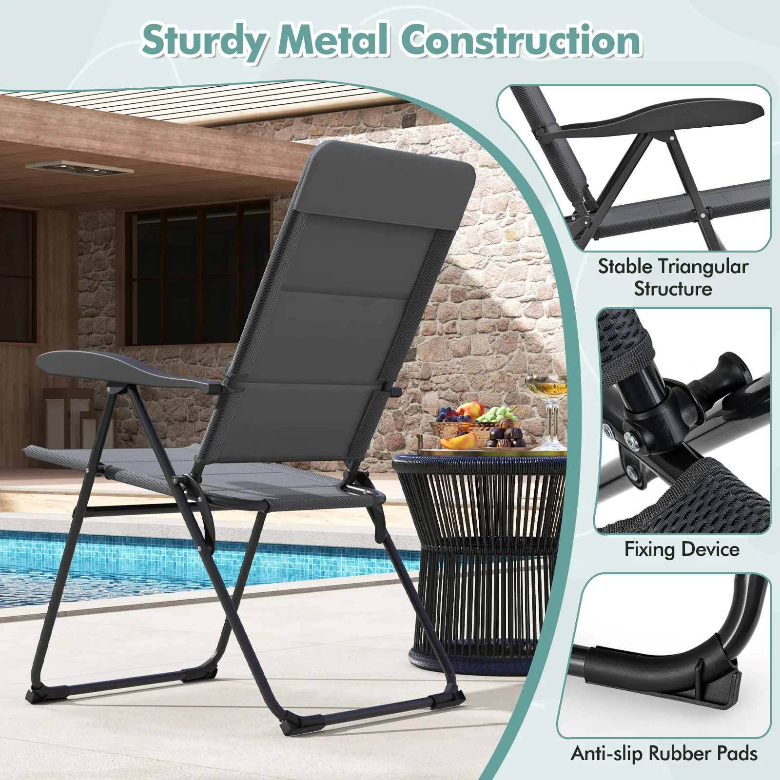 Outdoor Folding Patio Chairs, Adjustable Backrests, Gray - Image 9