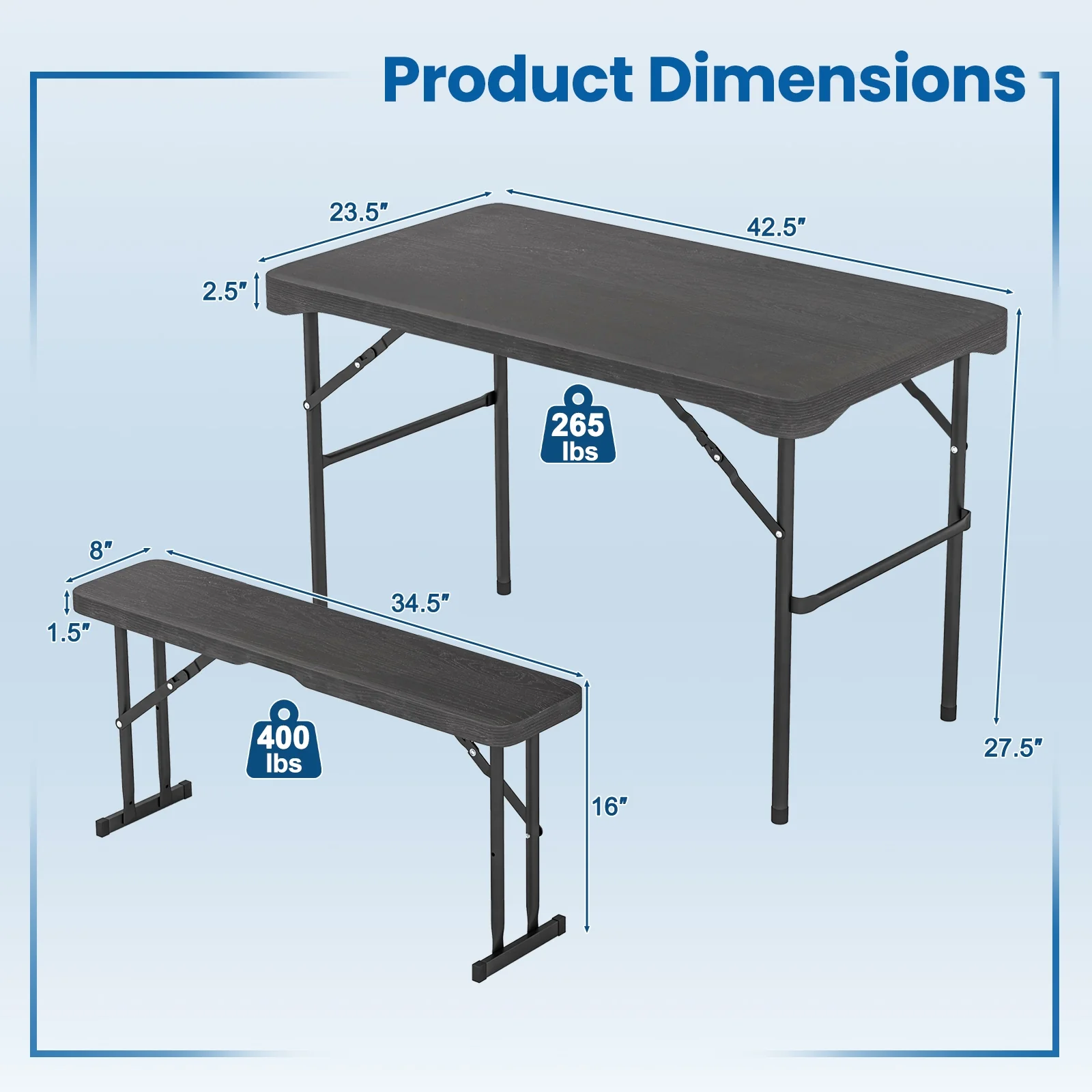 Outdoor Folding Table Bench Set, All-Weather HDPE Tabletop, Black - Image 5