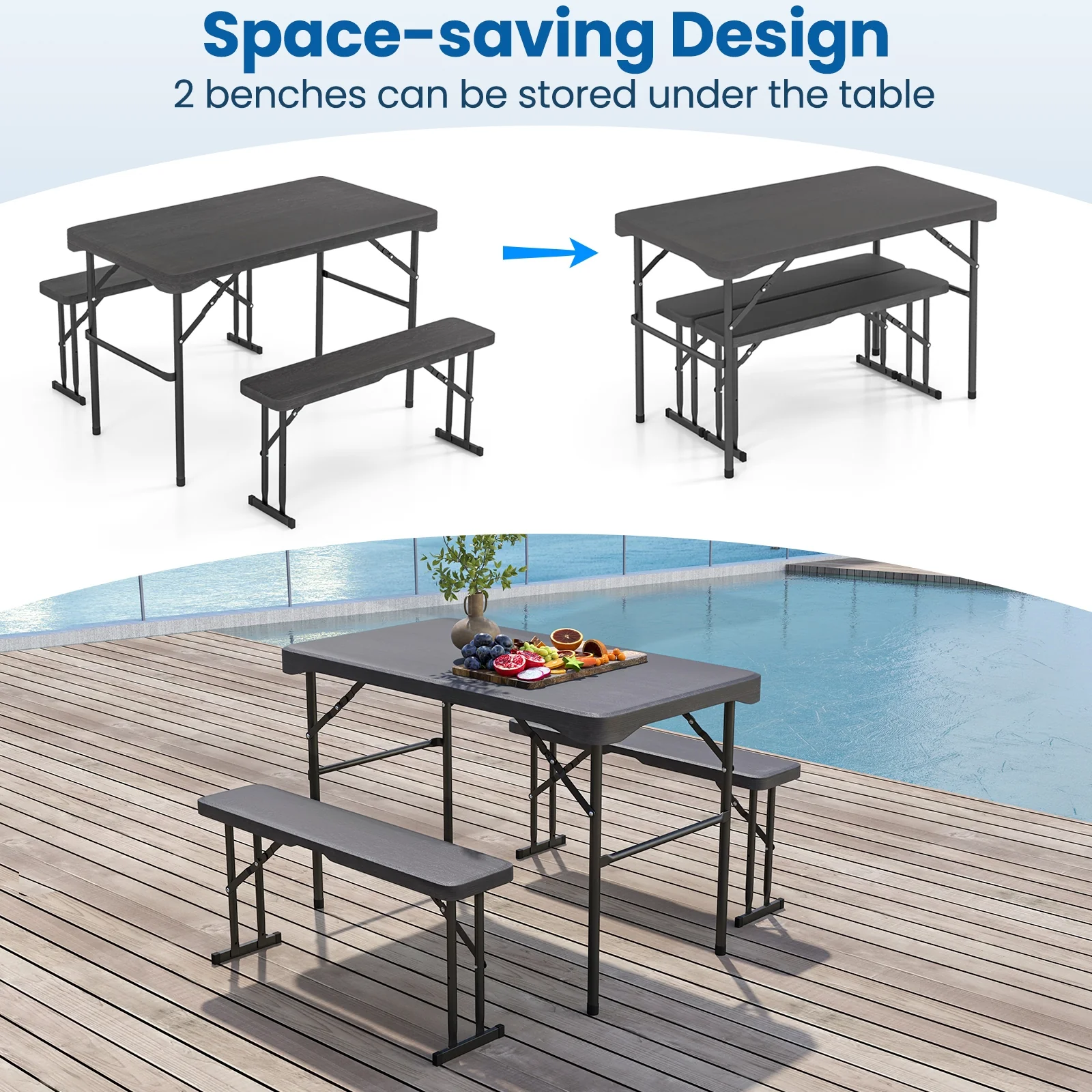 Outdoor Folding Table Bench Set, All-Weather HDPE Tabletop, Black - Image 6