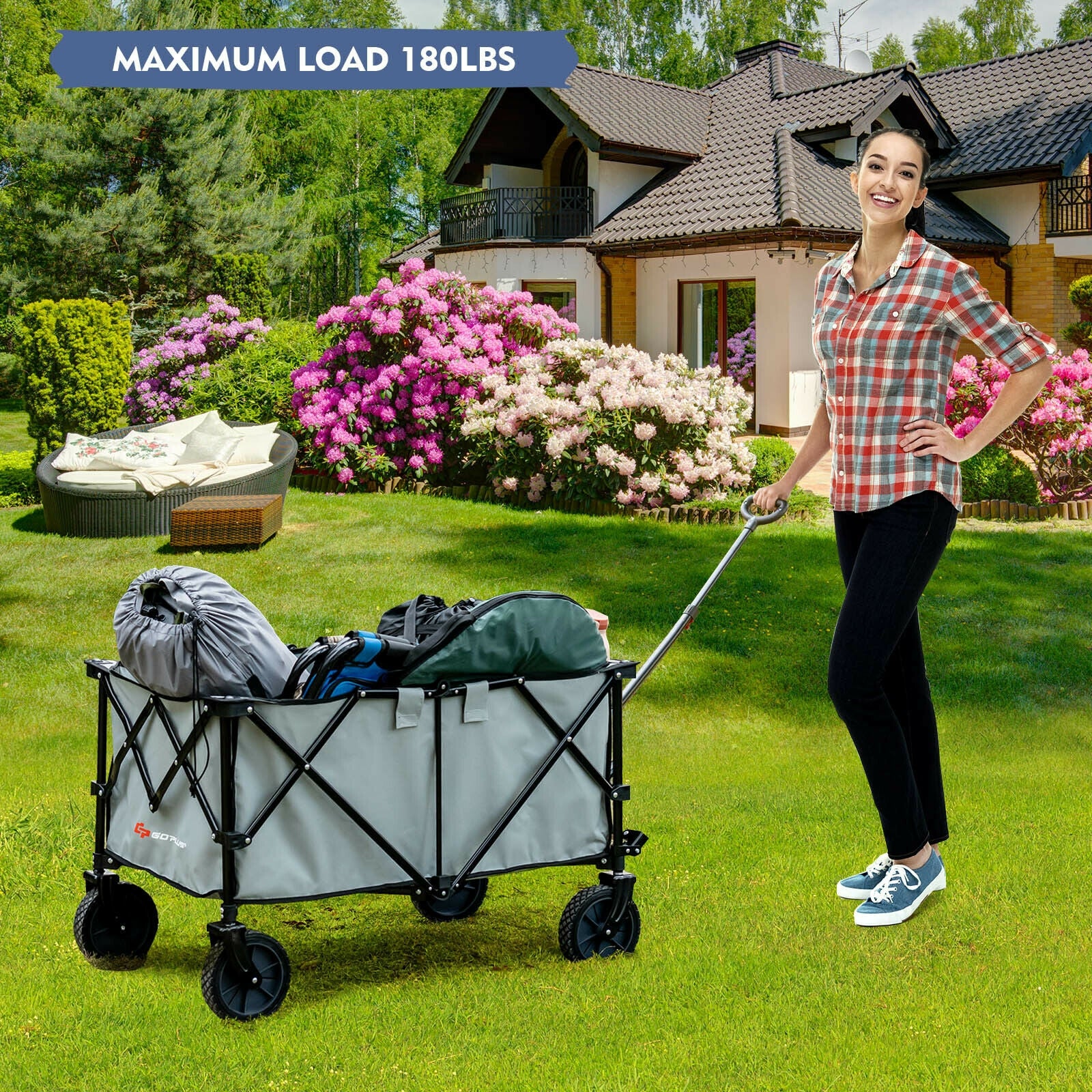 Outdoor Folding Wagon Cart, Adjustable Handle, Universal Wheels, Gray - Image 7