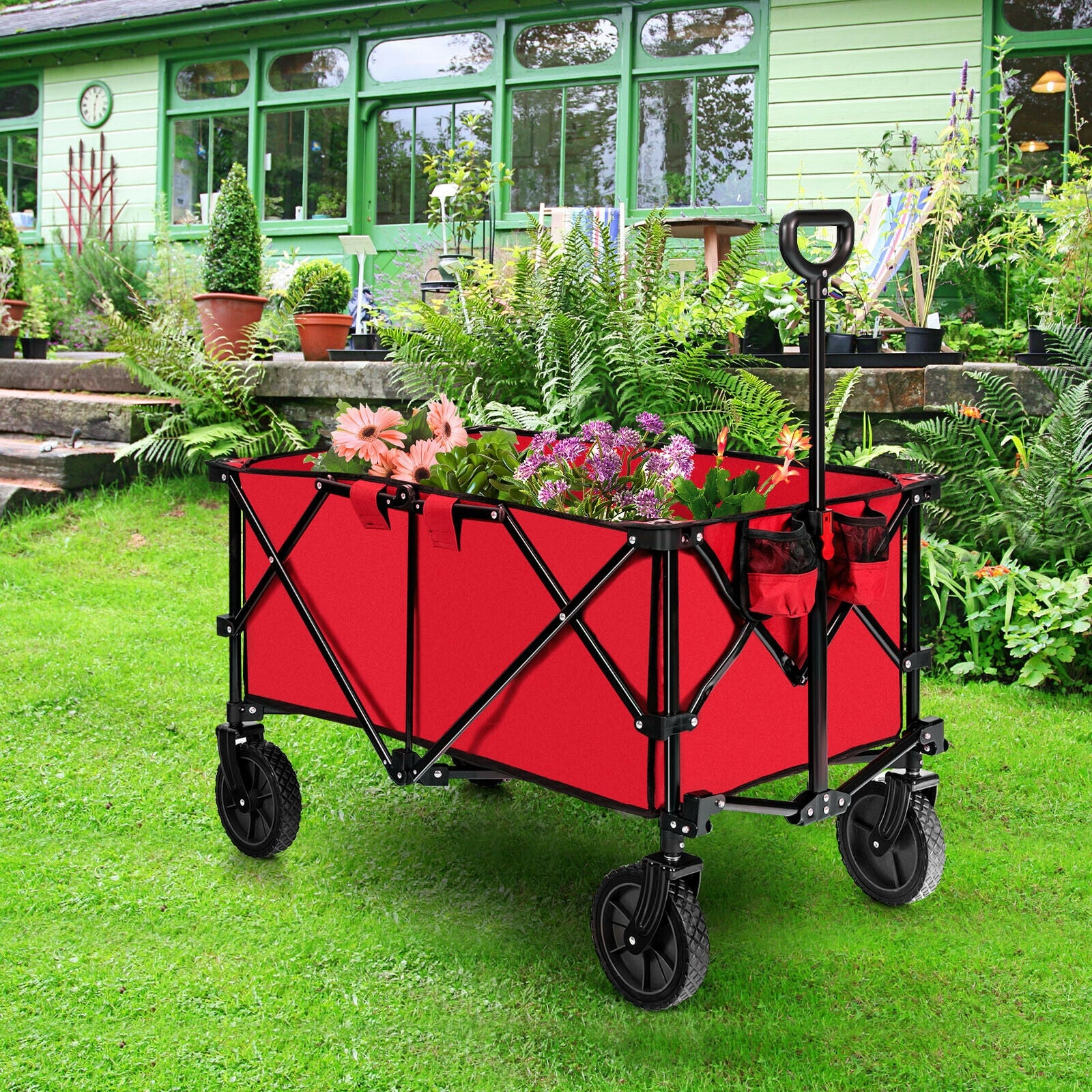 Outdoor Folding Wagon Cart, Adjustable Handle, Universal Wheels, Red - Image 2