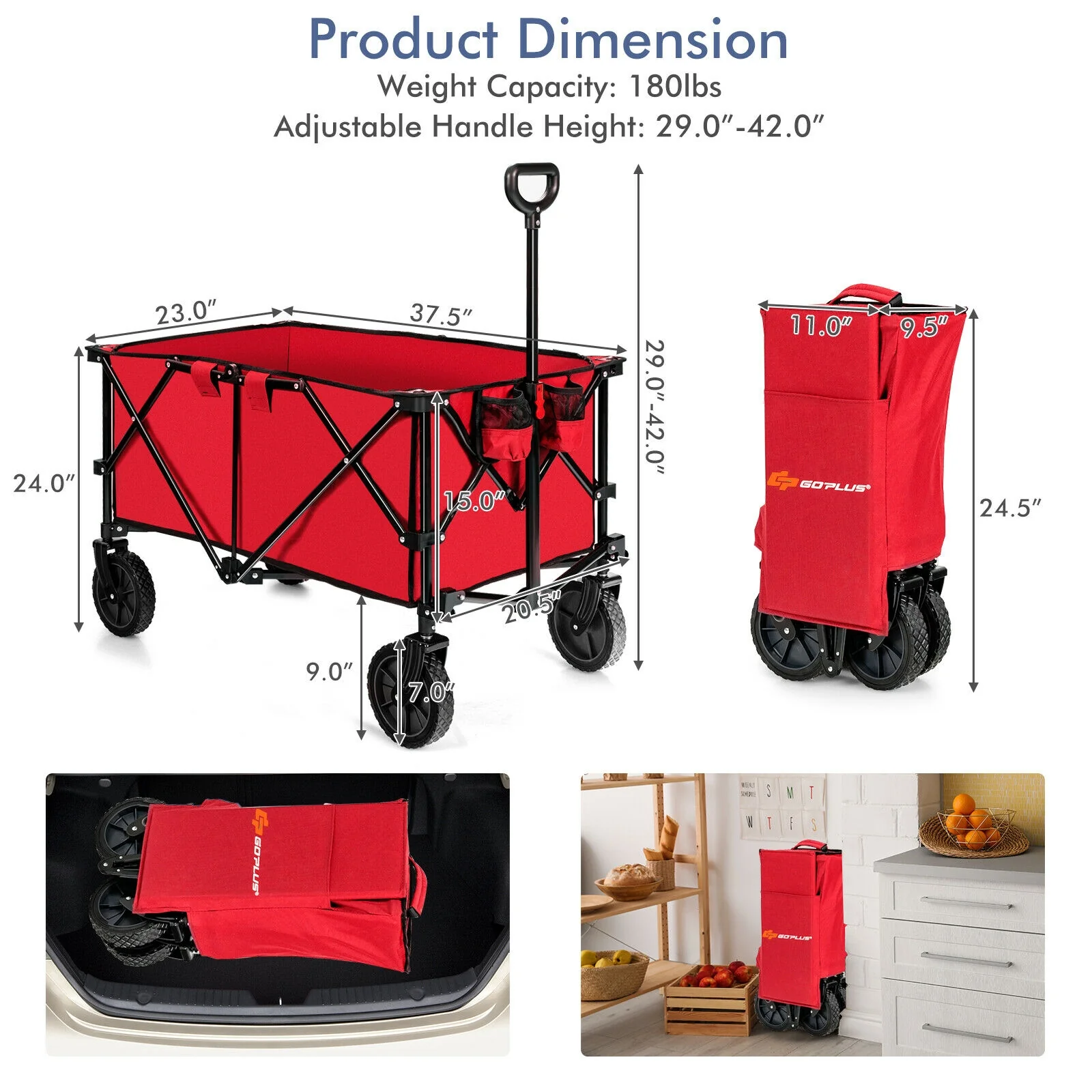 Outdoor Folding Wagon Cart, Adjustable Handle, Universal Wheels, Red - Image 5