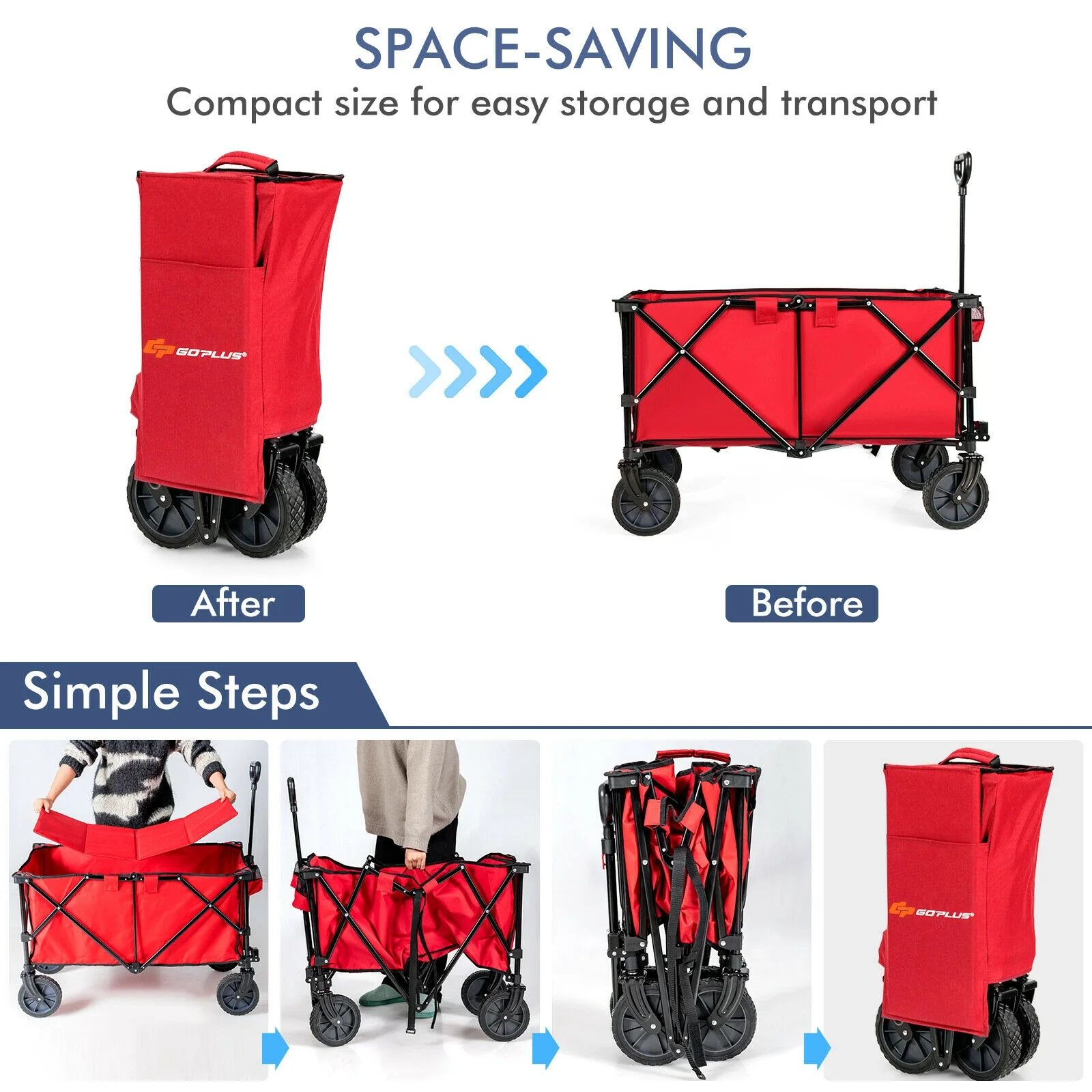 Outdoor Folding Wagon Cart, Adjustable Handle, Universal Wheels, Red - Image 9