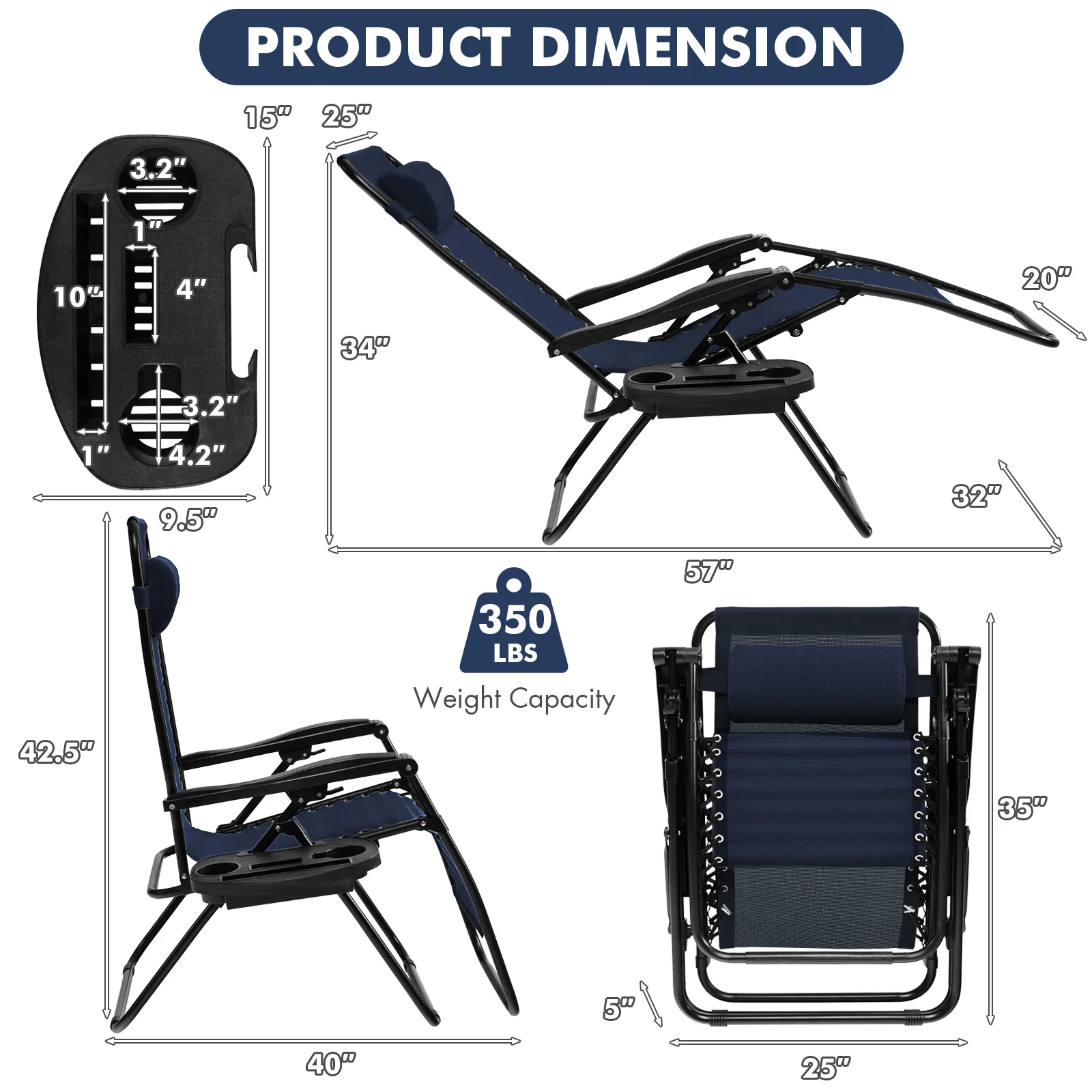 Outdoor Folding Zero Gravity Lounge Chair, Blue - Image 5