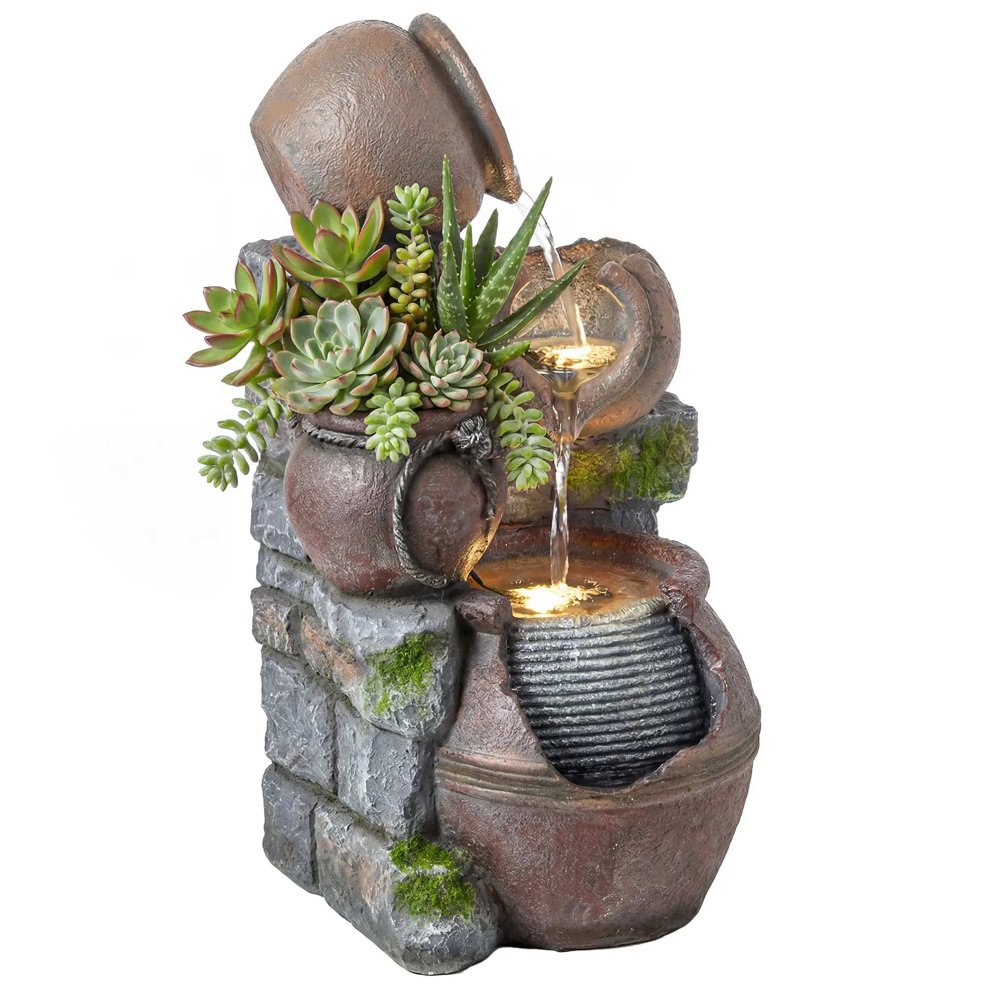 Outdoor Fountain, 4-Tier Rustic Pot, Cascading Rock Waterfall, LED Lights, Adjustable Flow