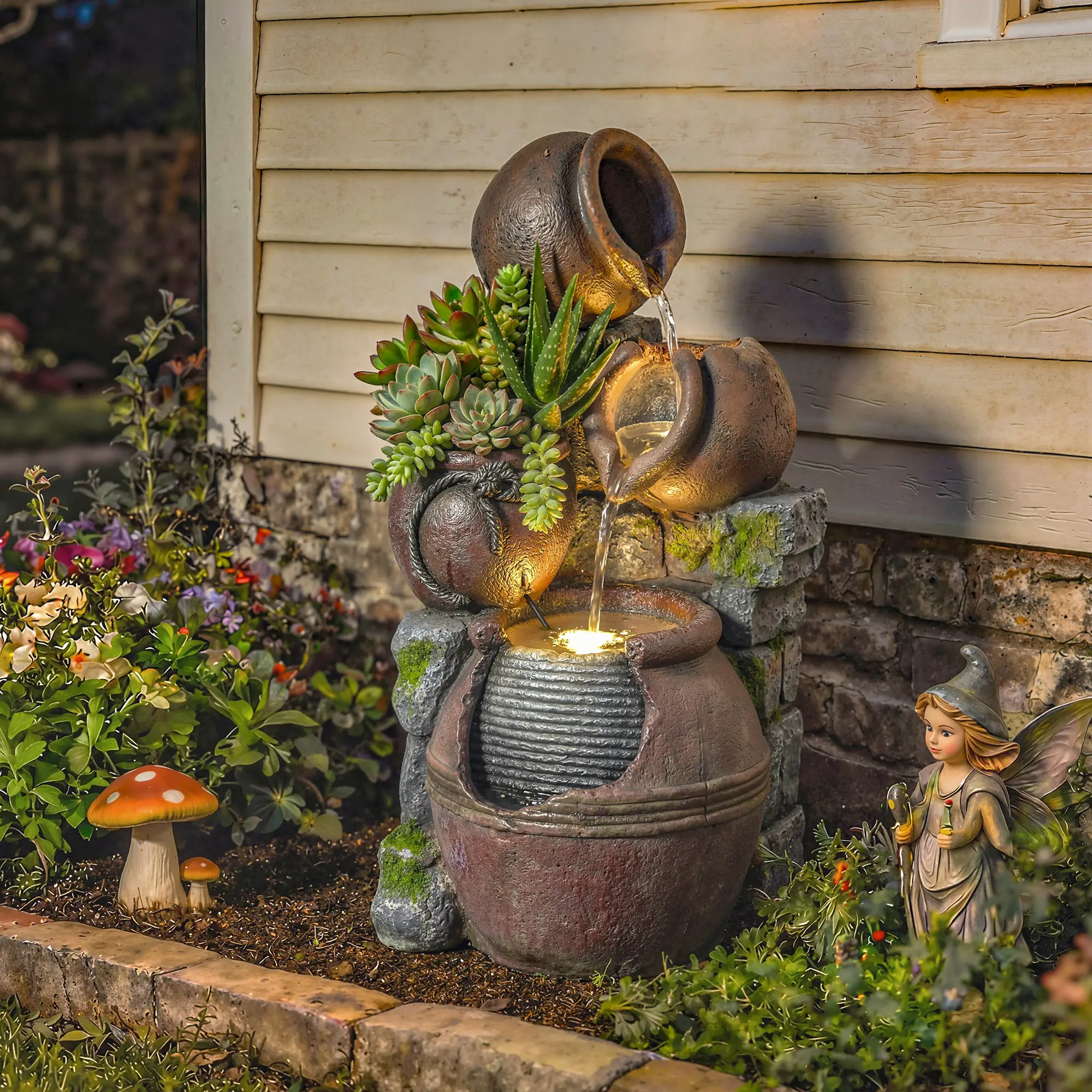 Outdoor Fountain, 4-Tier Rustic Pot, Cascading Rock Waterfall, LED Lights, Adjustable Flow - Image 2