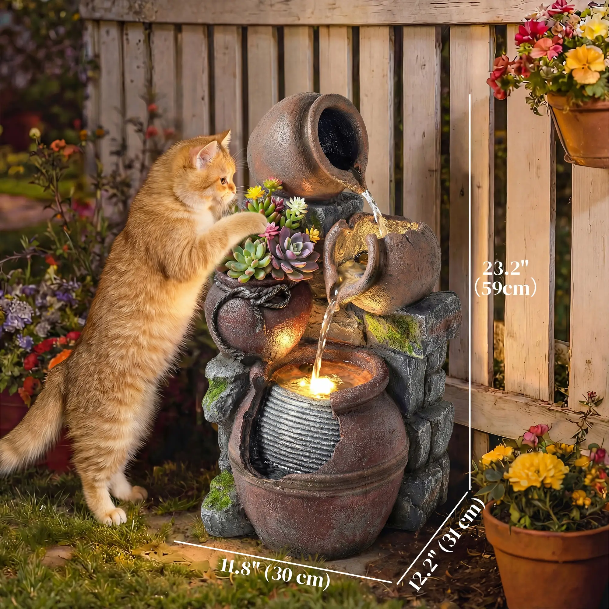 Outdoor Fountain, 4-Tier Rustic Pot, Cascading Rock Waterfall, LED Lights, Adjustable Flow - Image 3