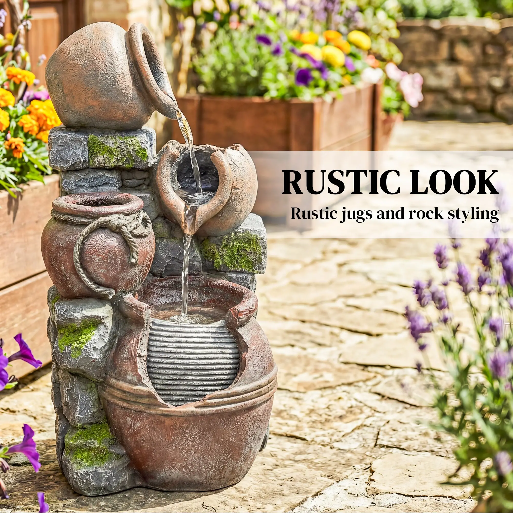 Outdoor Fountain, 4-Tier Rustic Pot, Cascading Rock Waterfall, LED Lights, Adjustable Flow - Image 4