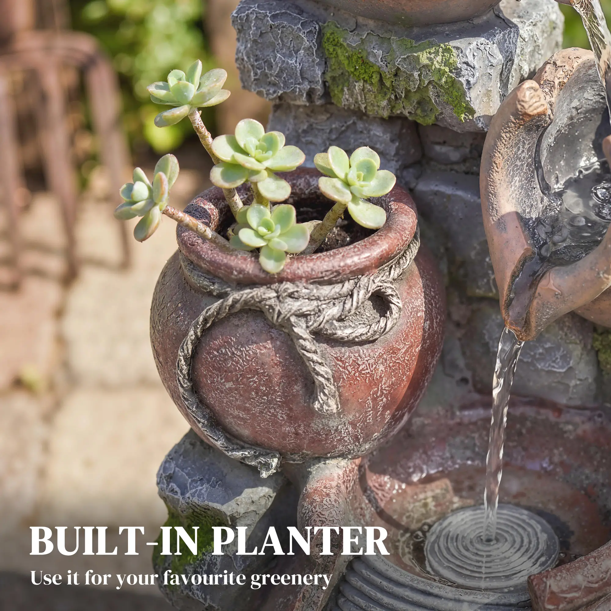 Outdoor Fountain, 4-Tier Rustic Pot, Cascading Rock Waterfall, LED Lights, Adjustable Flow - Image 5