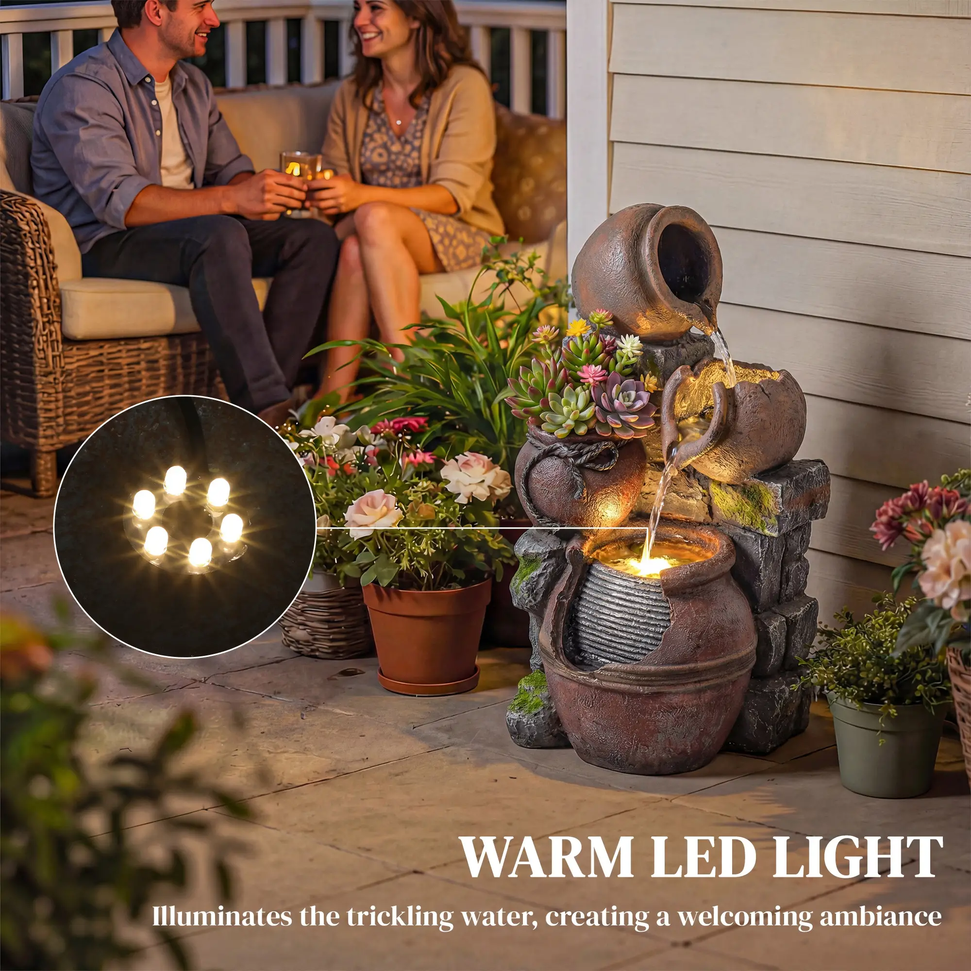 Outdoor Fountain, 4-Tier Rustic Pot, Cascading Rock Waterfall, LED Lights, Adjustable Flow - Image 6