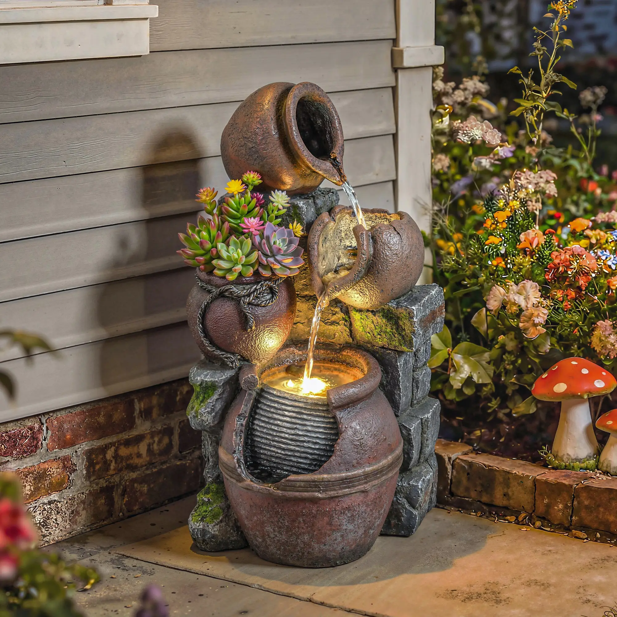 Outdoor Fountain, 4-Tier Rustic Pot, Cascading Rock Waterfall, LED Lights, Adjustable Flow - Image 8