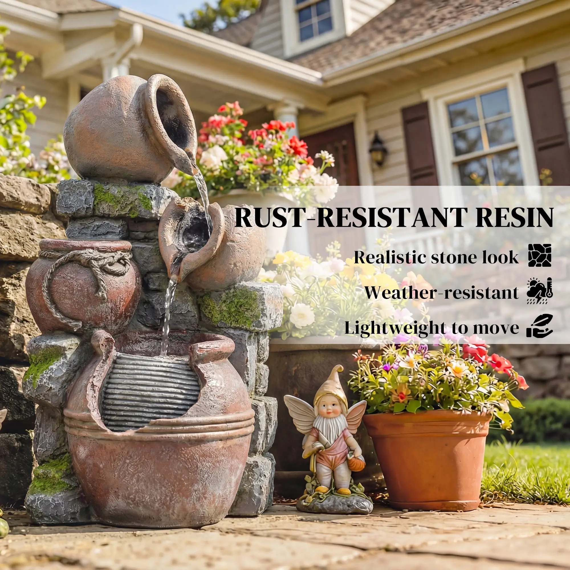 Outdoor Fountain, 4-Tier Rustic Pot, Cascading Rock Waterfall, LED Lights, Adjustable Flow - Image 9