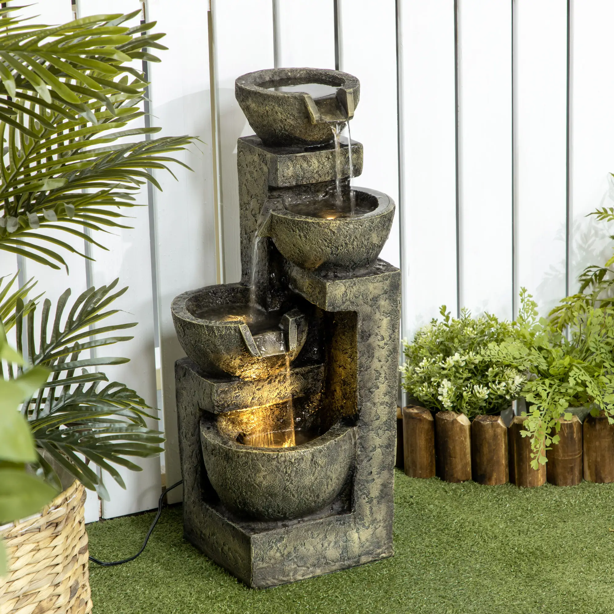 Outdoor Fountain, 4-Tier Stone Look Bowls, Adjustable Flow, LED Lights - Image 2