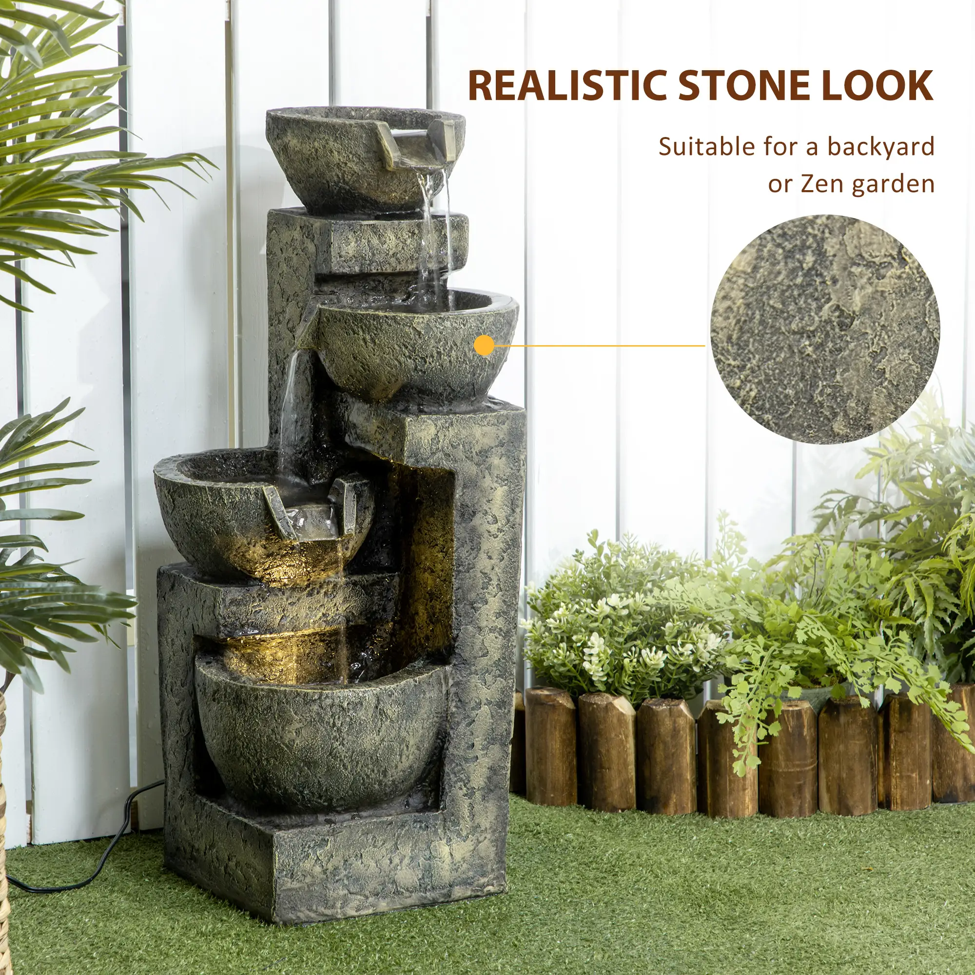 Outdoor Fountain, 4-Tier Stone Look Bowls, Adjustable Flow, LED Lights - Image 4