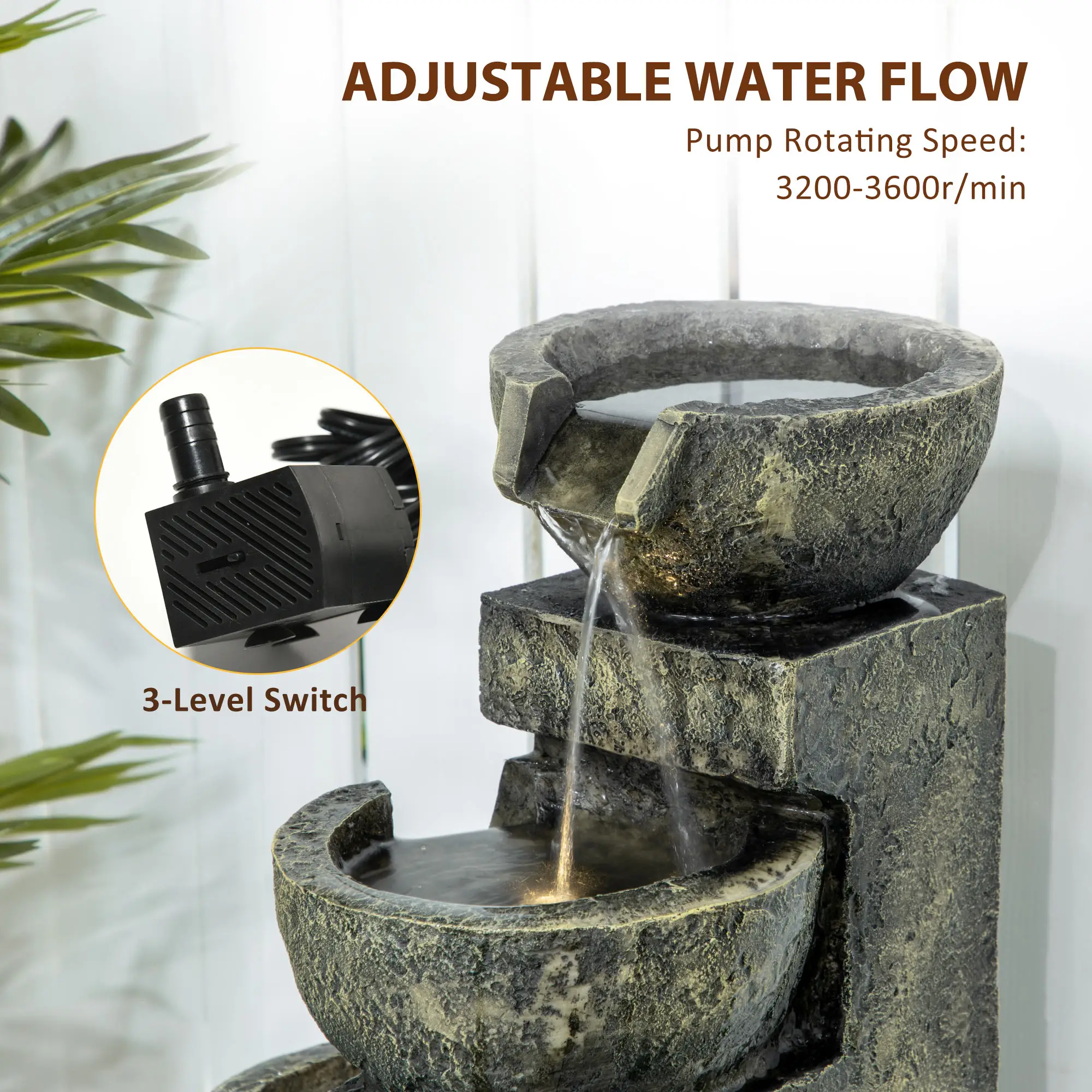 Outdoor Fountain, 4-Tier Stone Look Bowls, Adjustable Flow, LED Lights - Image 5