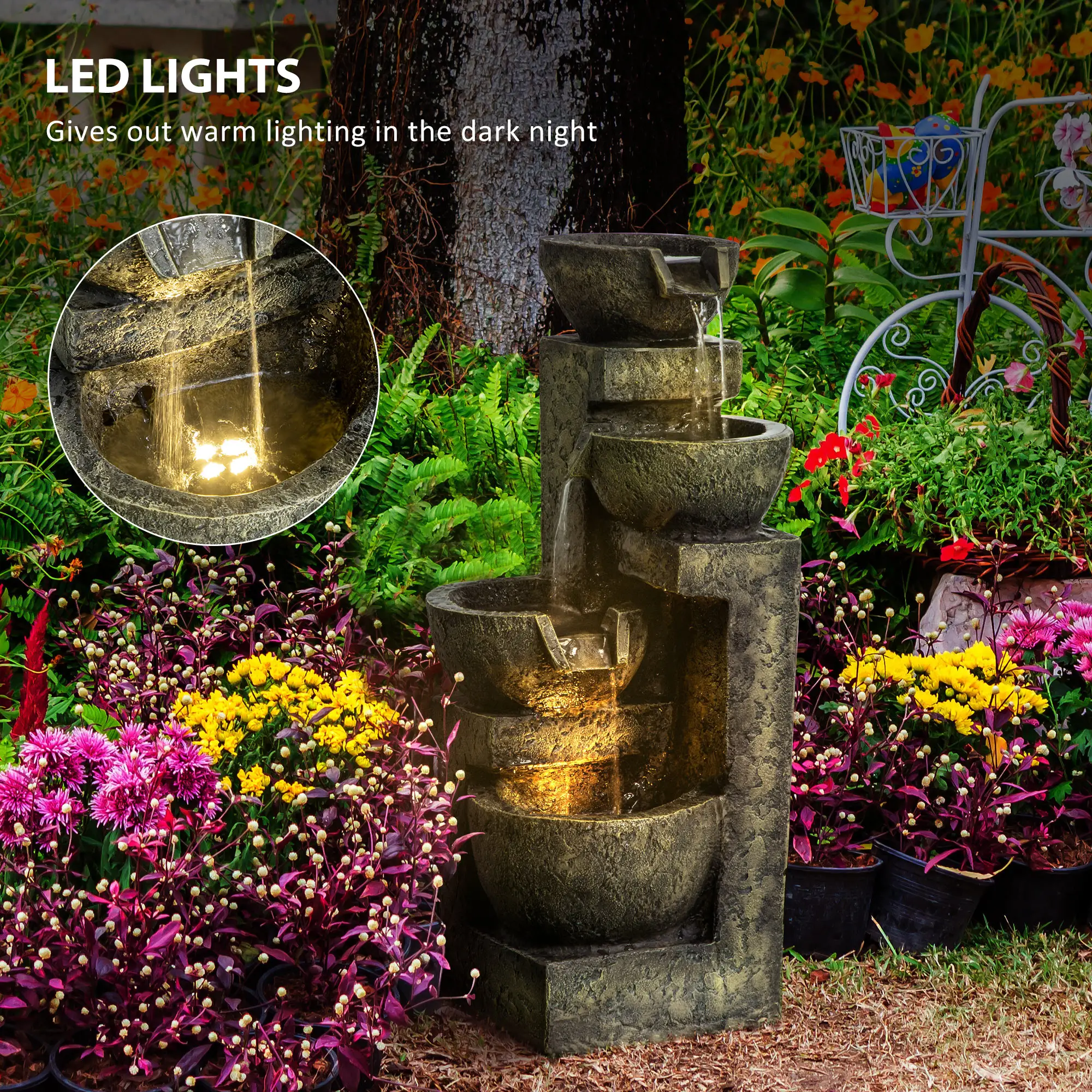 Outdoor Fountain, 4-Tier Stone Look Bowls, Adjustable Flow, LED Lights - Image 6