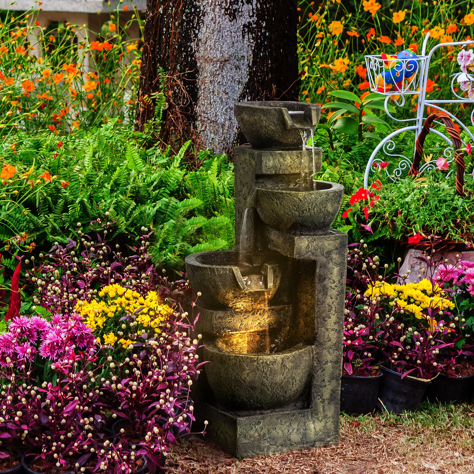 Outdoor Fountain, 4-Tier Stone Look Bowls, Adjustable Flow, LED Lights - Image 8