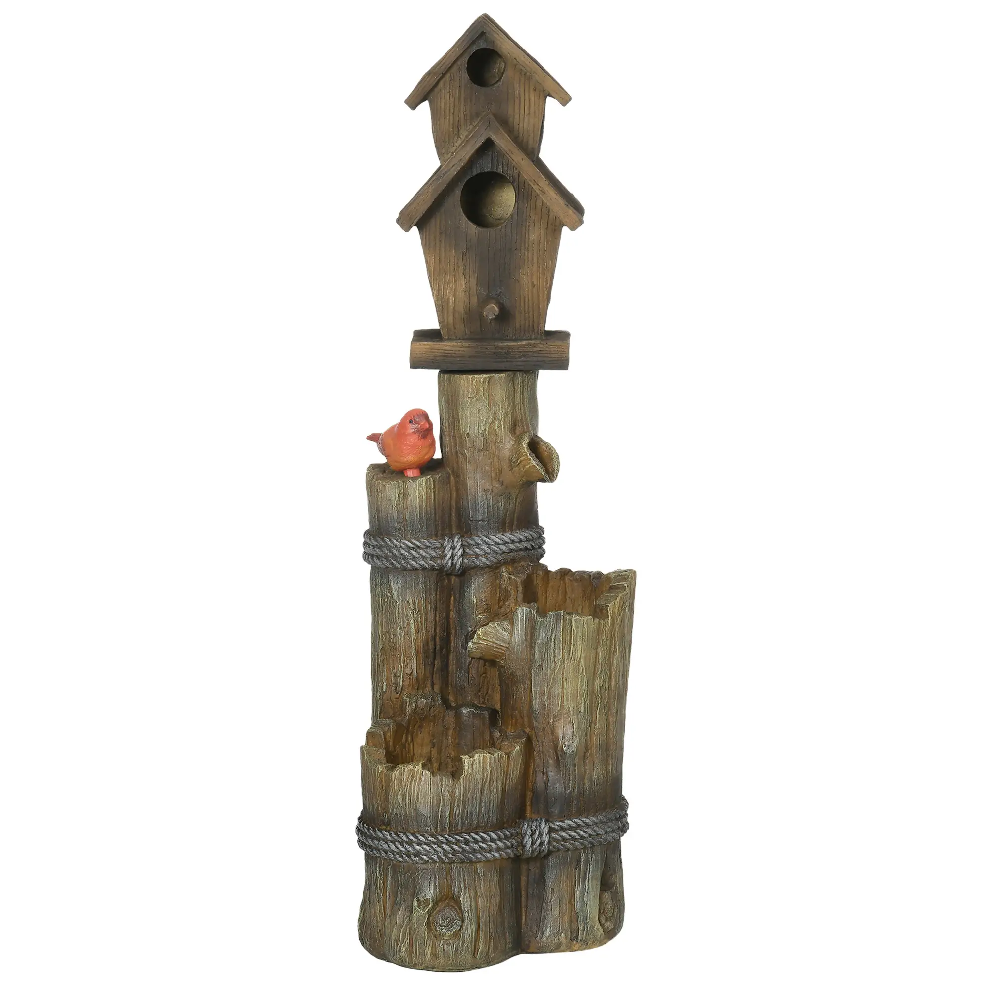 Outdoor Fountain, Garden Waterfall with Birdhouse, 3-Tier Tree Trunk, LED Lights, Brown
