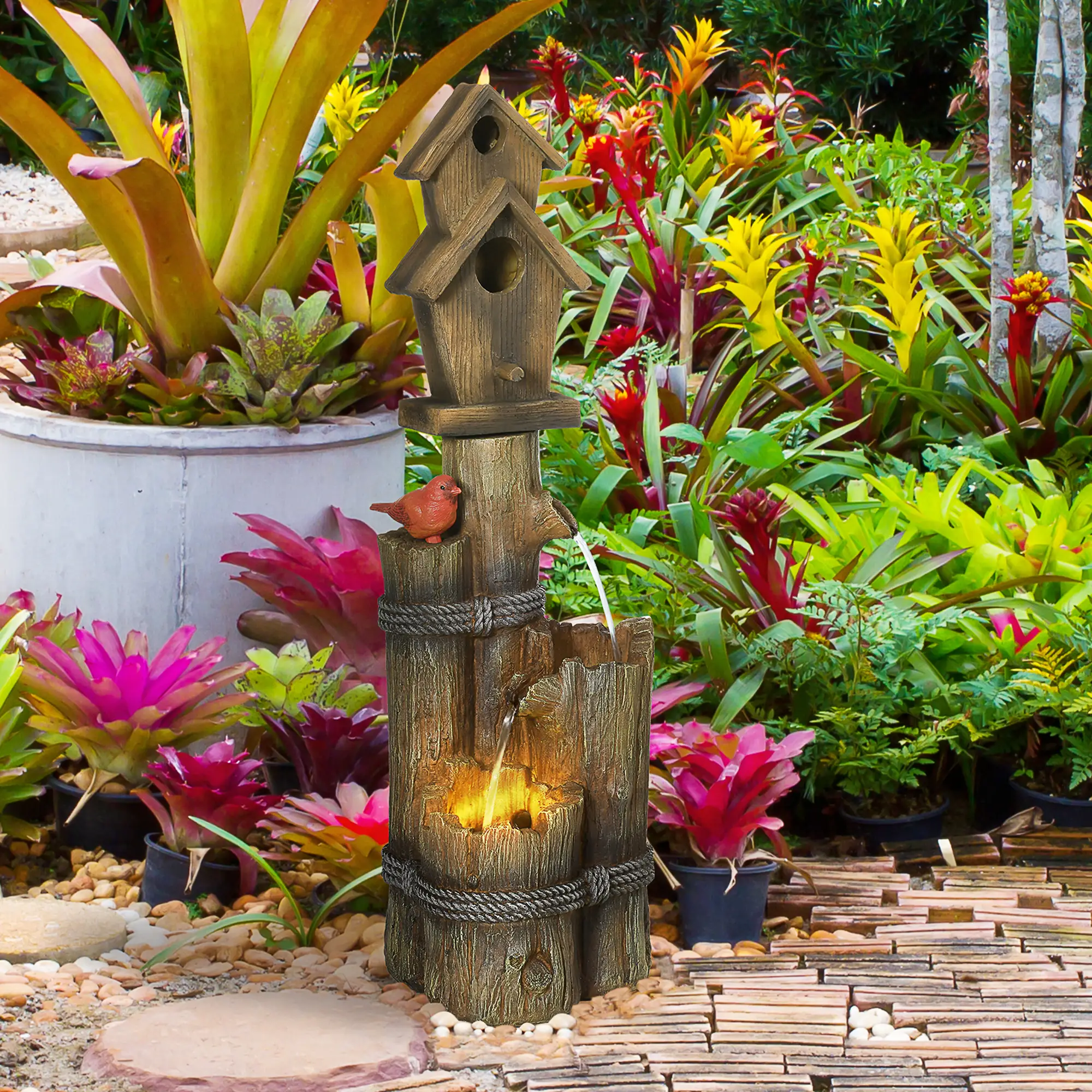 Outdoor Fountain, Garden Waterfall with Birdhouse, 3-Tier Tree Trunk, LED Lights, Brown - Image 2
