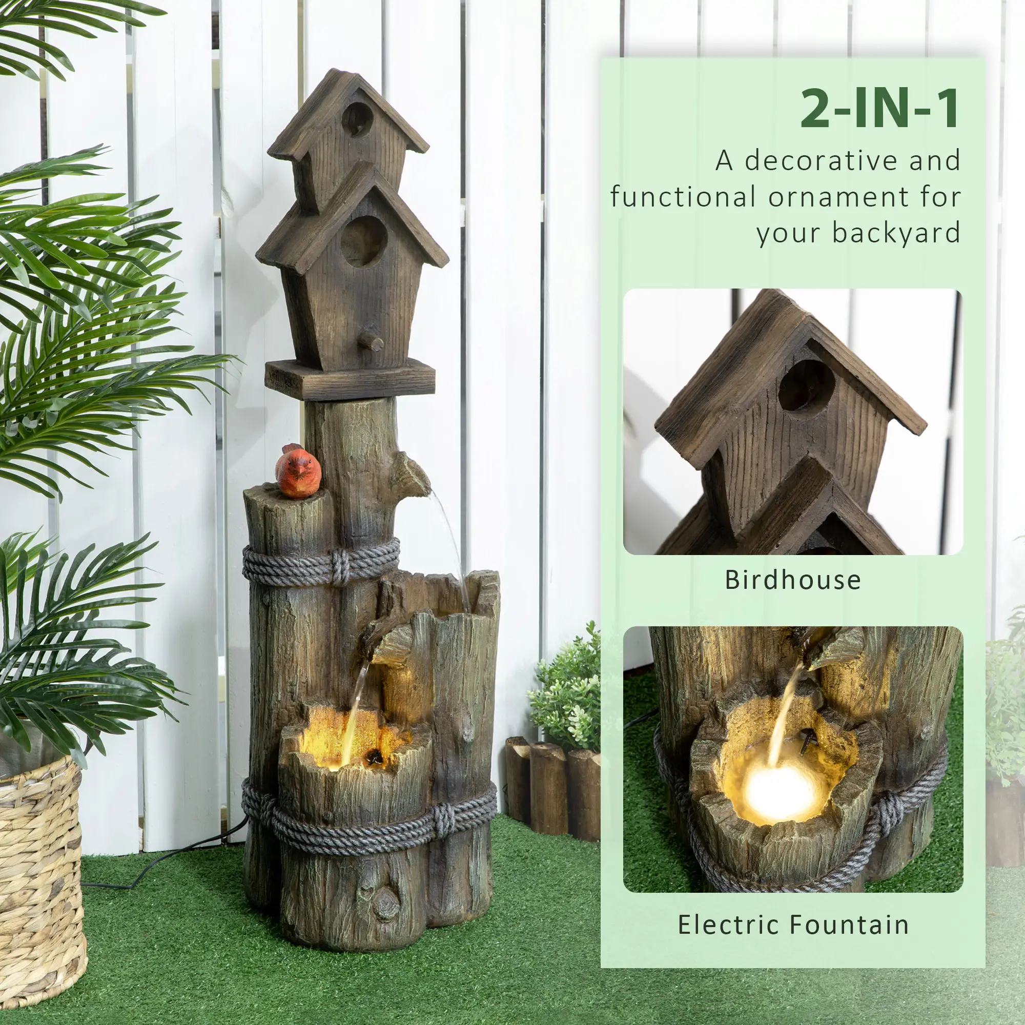 Outdoor Fountain, Garden Waterfall with Birdhouse, 3-Tier Tree Trunk, LED Lights, Brown - Image 4