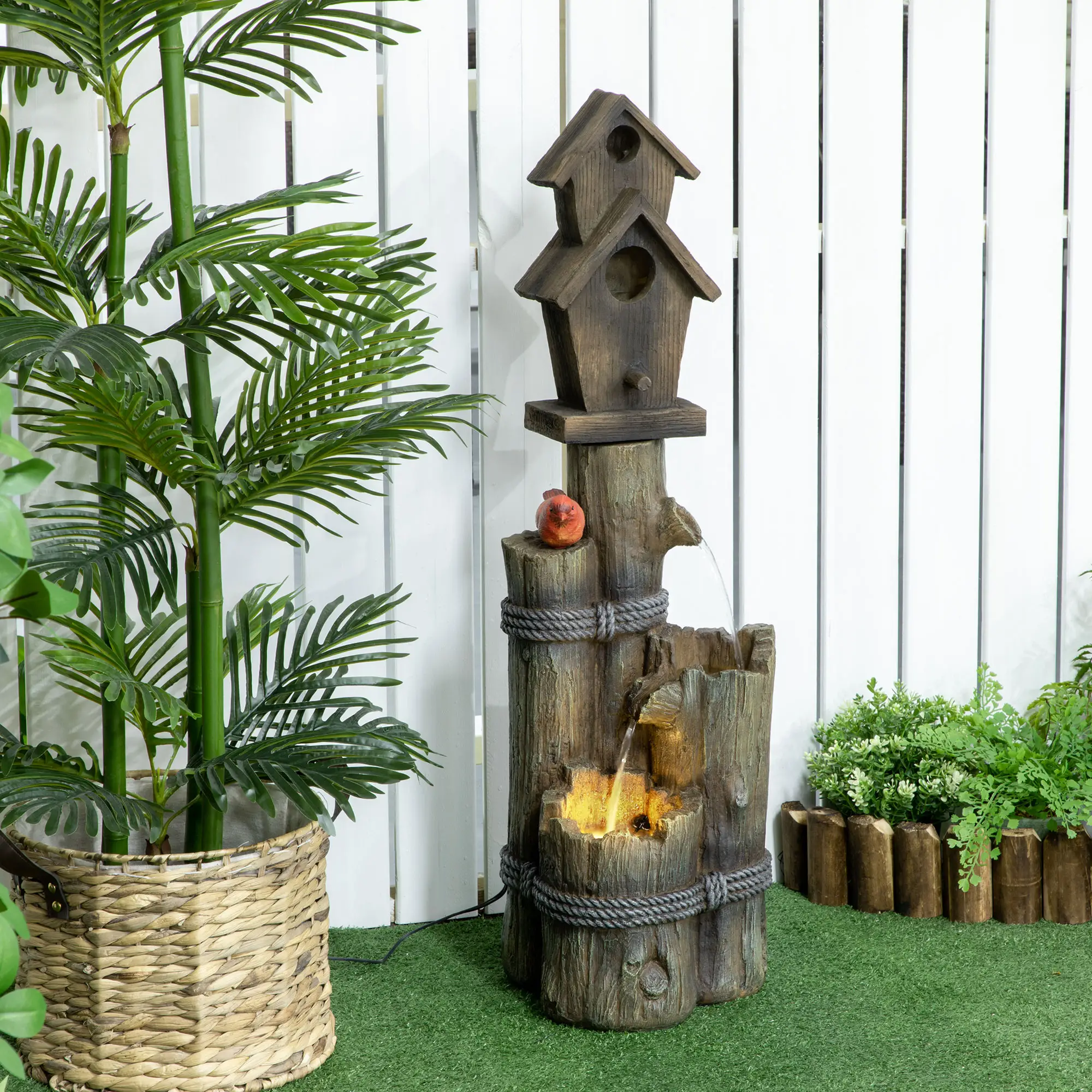 Outdoor Fountain, Garden Waterfall with Birdhouse, 3-Tier Tree Trunk, LED Lights, Brown - Image 8