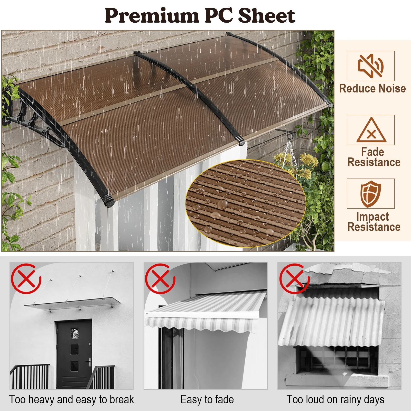 Outdoor Front Door Patio Overhang Awning, 80 x 40 Inch, Brown - Image 10