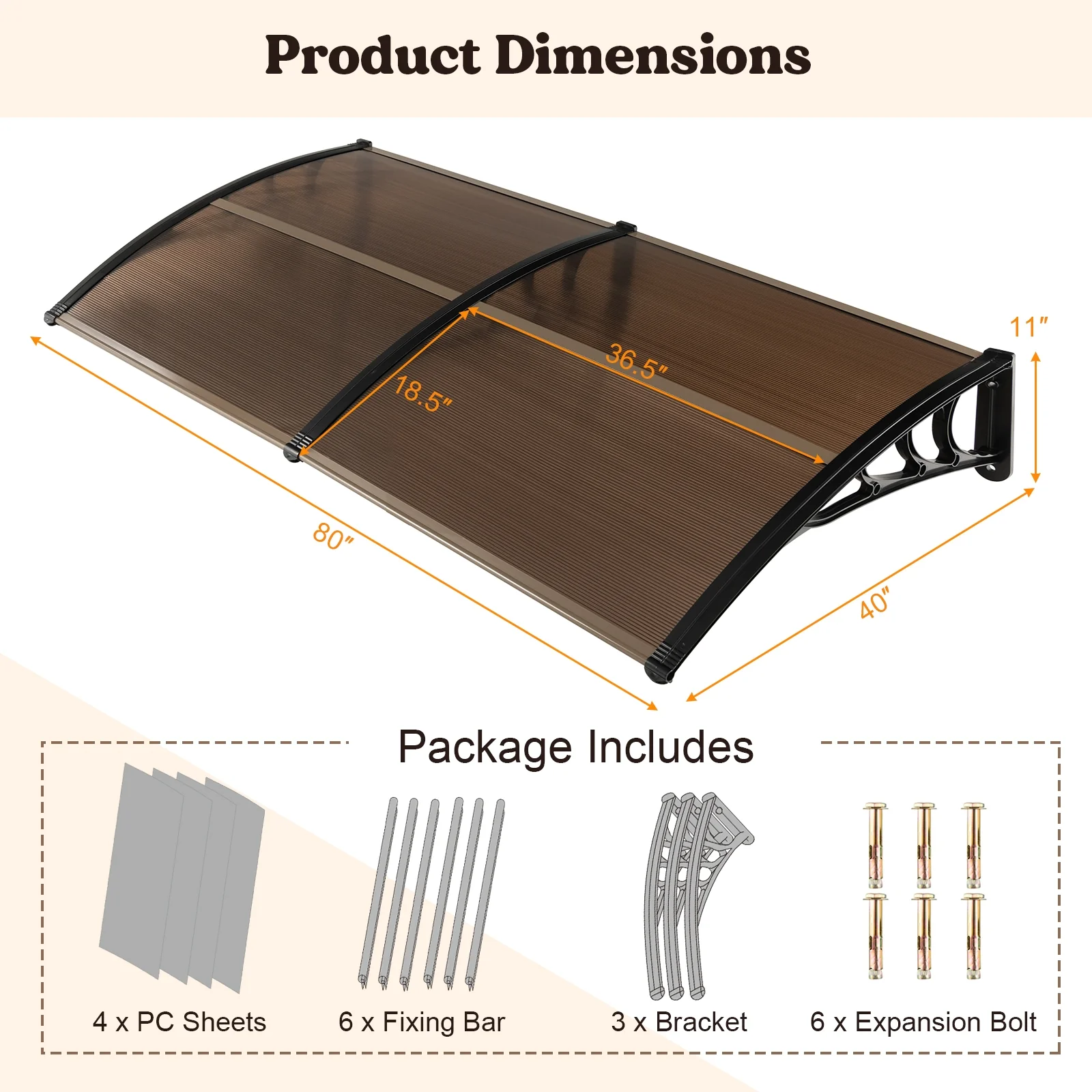 Outdoor Front Door Patio Overhang Awning, 80 x 40 Inch, Brown - Image 5